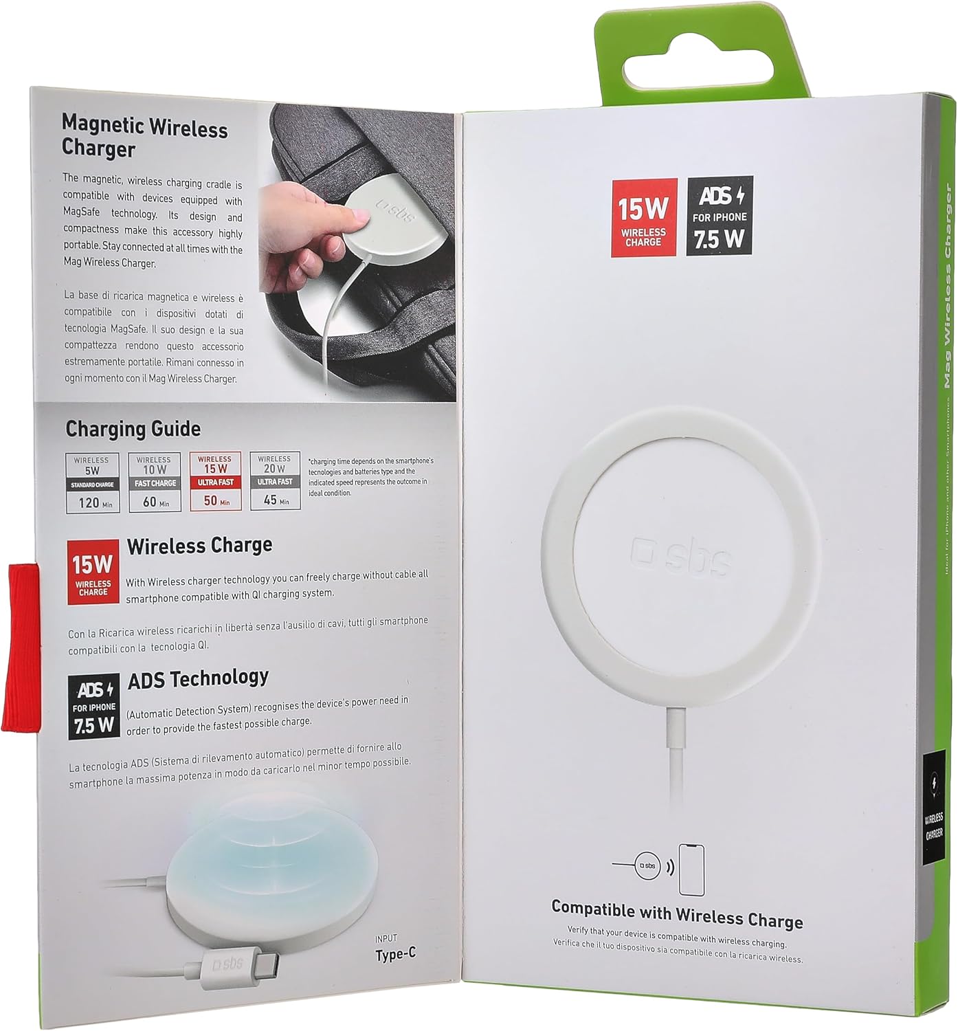 SBS Wireless Charger packaging showing charging guide and features