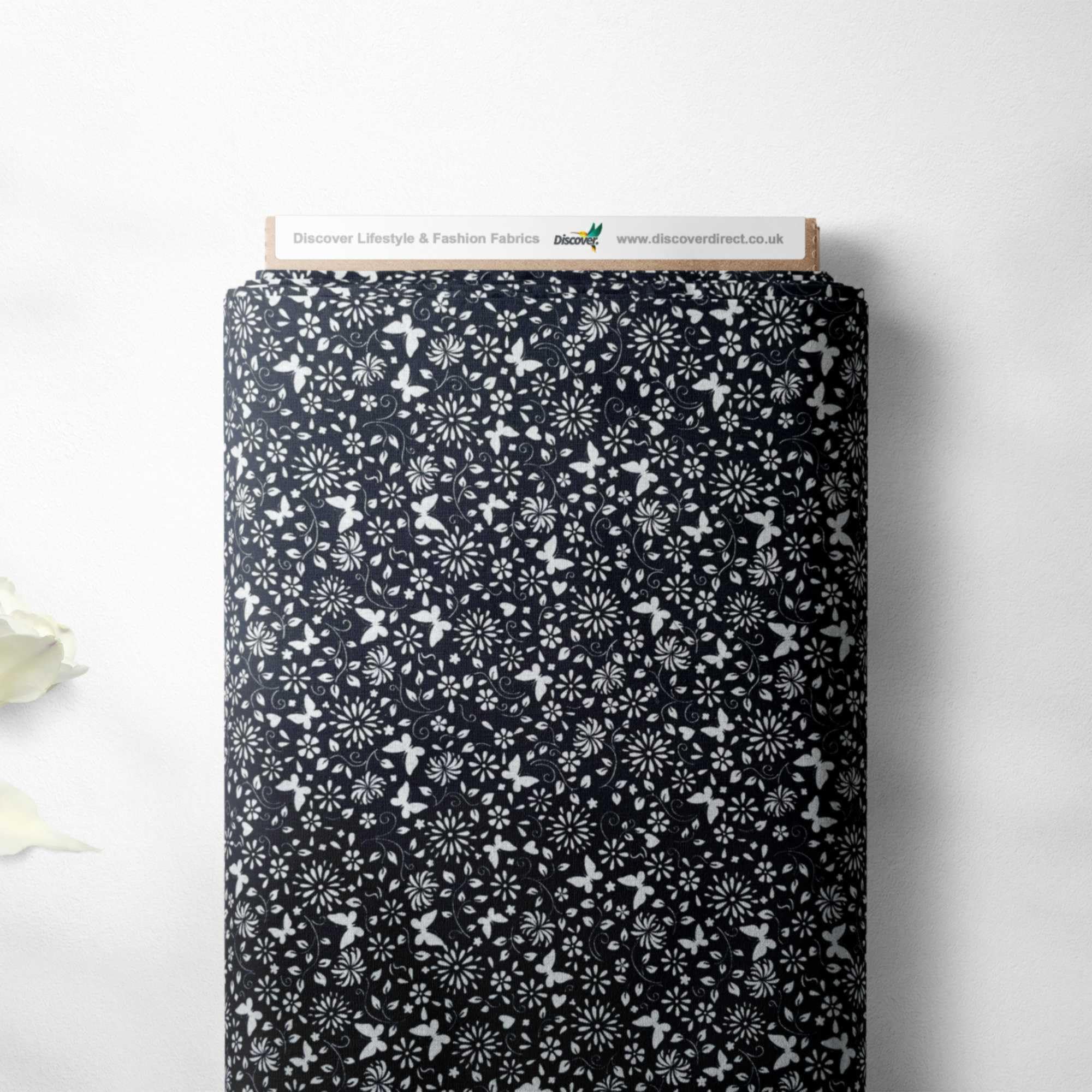 Floral Butterfly Flowers Abstract Design 100% Cotton Craft Quilting Patchwork Bunting Quality Sewing Project Fabric Material | 44" - 112 cm Wide (per Metre, Black/White)