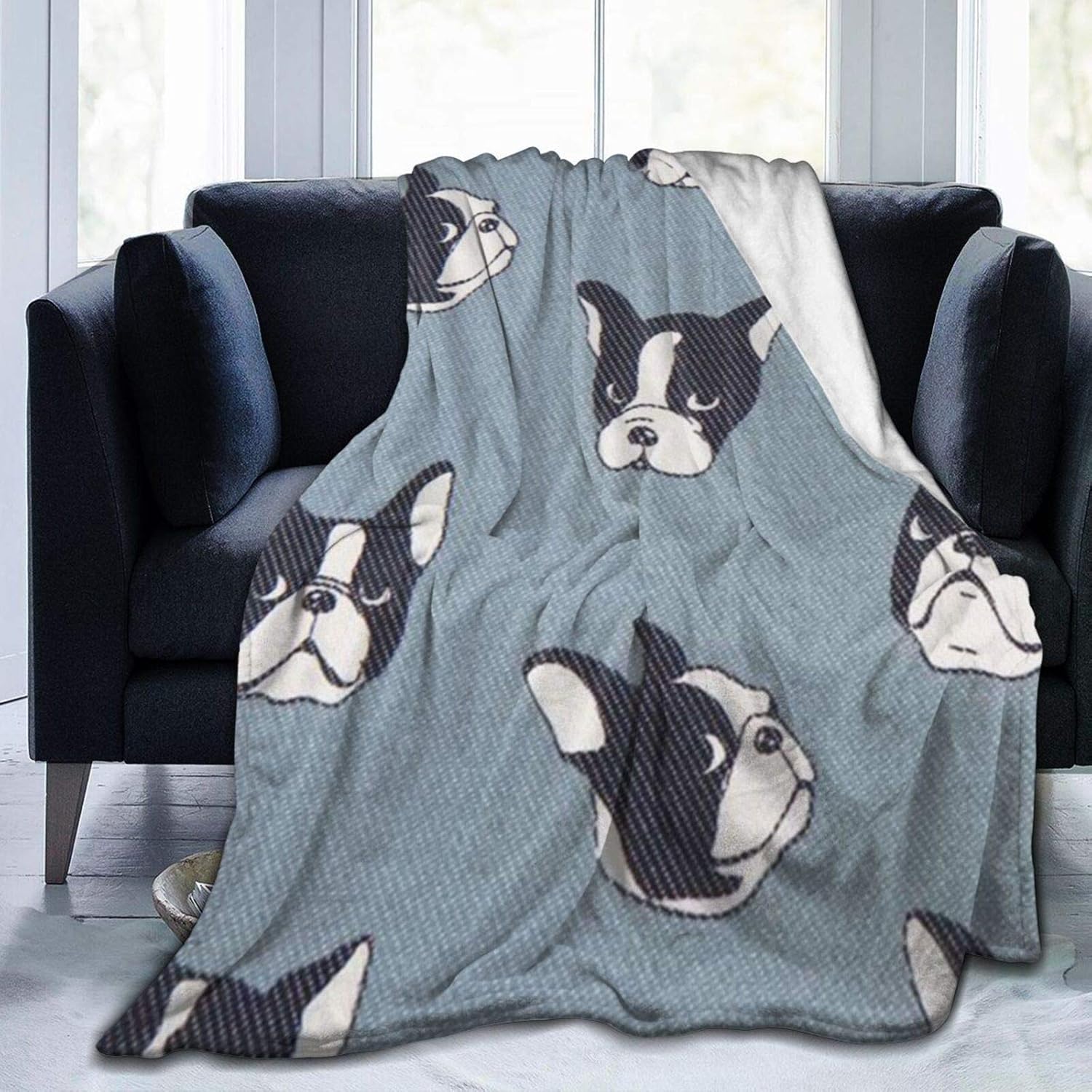 PNNUO Fleece Blankets and ThrowsBlue Grey French Bulldog