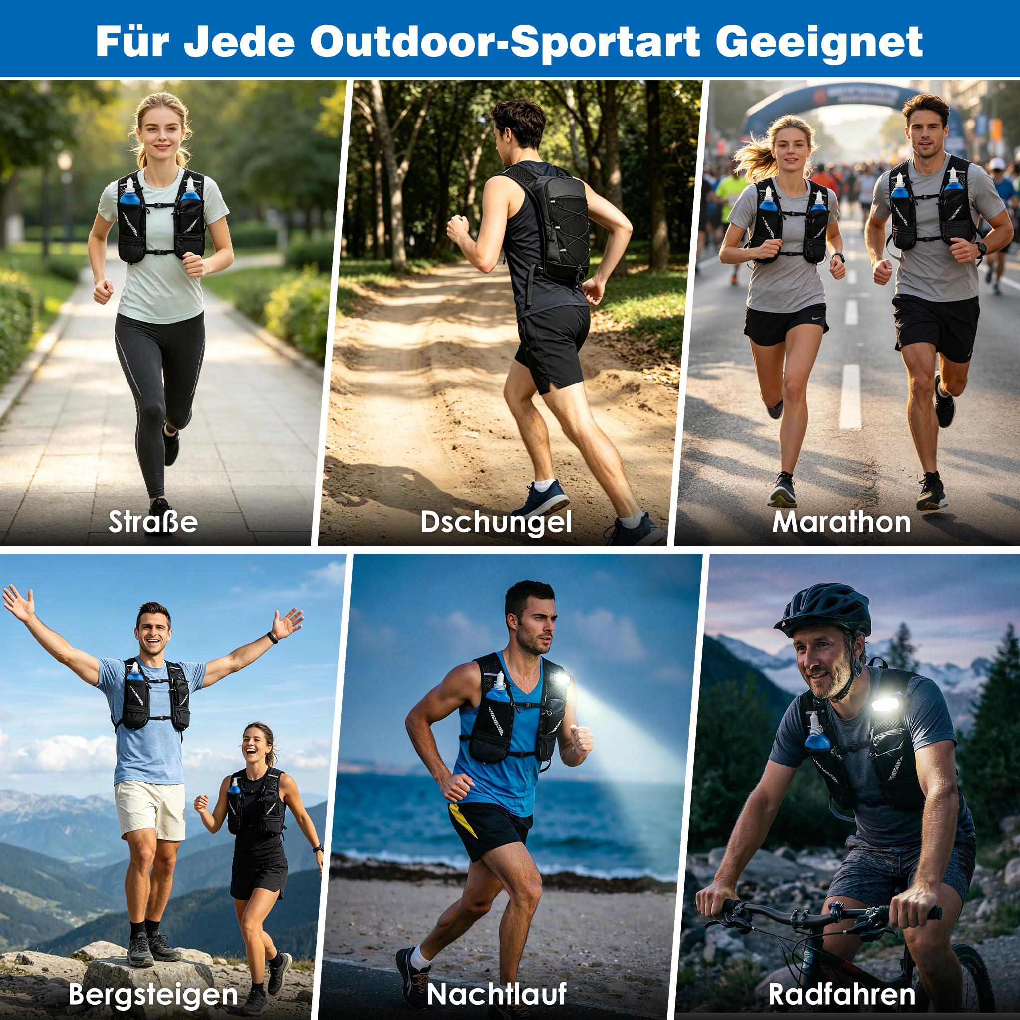 FIVAVA - Laufweste für Damen und Herren – mit 2 faltbaren Trinkflaschen (500ml) – Reflektierende Running Vest mit Trinkrucksack – Ideal für Marathon, Trailrunning, Jogging & Radfahren