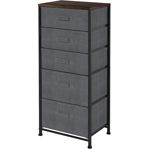 Whitmor Dresser for Bedroom, 5 Drawer Fabric Dresser, Chest of Drawers with Removable Fabric Drawer,37" Tall Wood Storage Organizer with Sturdy Steel Frame, 16.7" Lx 11.7" W x 37.2" H, Gray