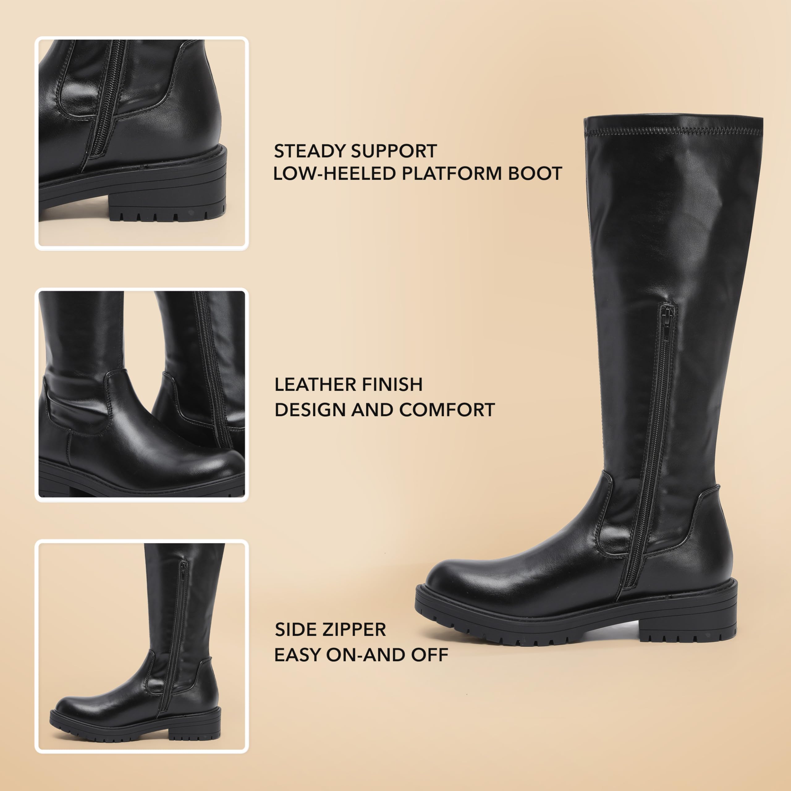 VIVASHOES Women's Black Knee High Flat Riding Boots Stretch – Faux Leather Winter Booties for Women, Slip-Resistant Chunky Sole, Low Heel Comfort Shoes – Stylish Everyday Tall Boots - Black 5