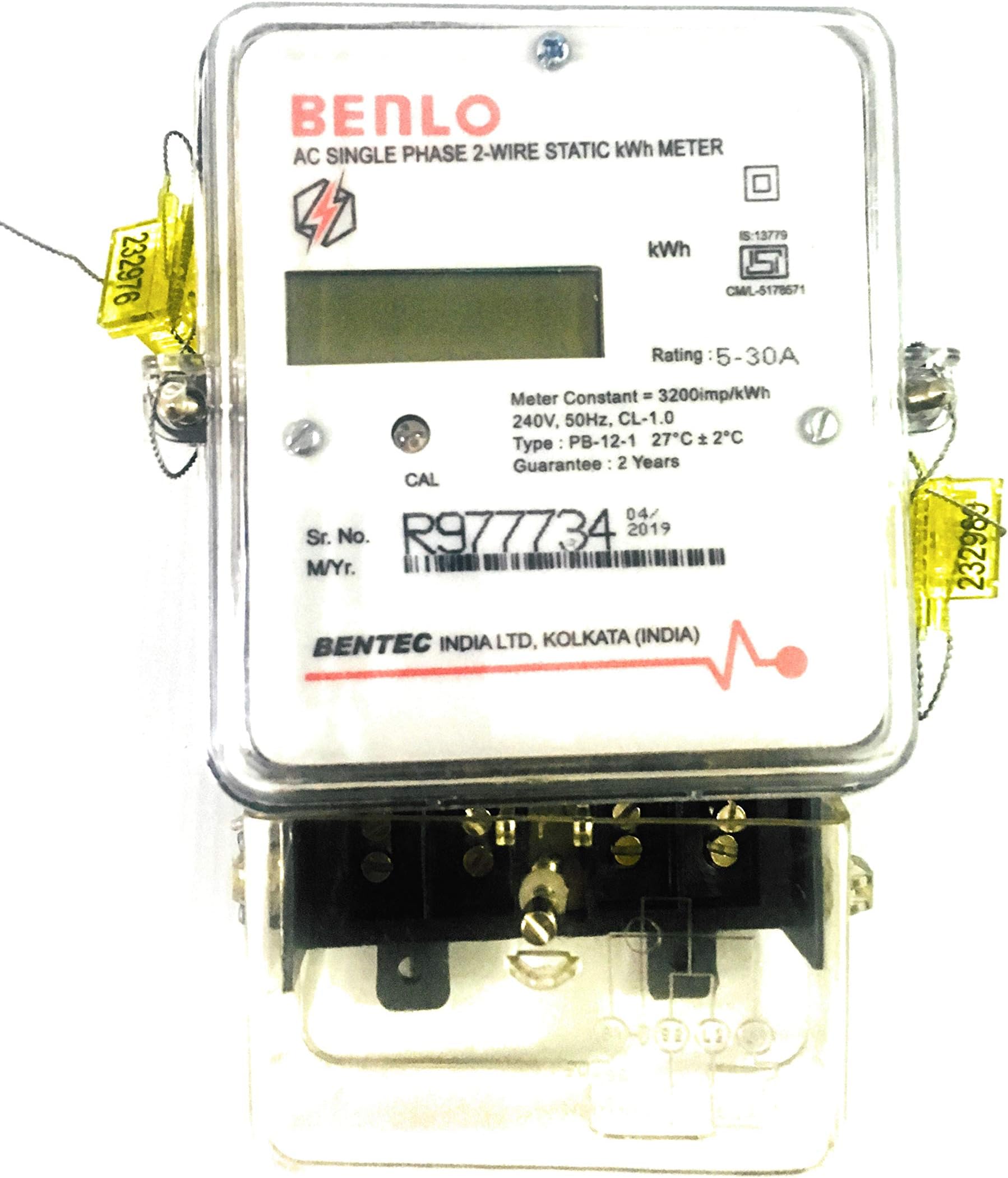BENTEC Benlo Electronic Energy Sub Meter AC Single Phase 2-Wire Static kWh (LCD Type) Display Class-1 5-30 Ampere, Small, White