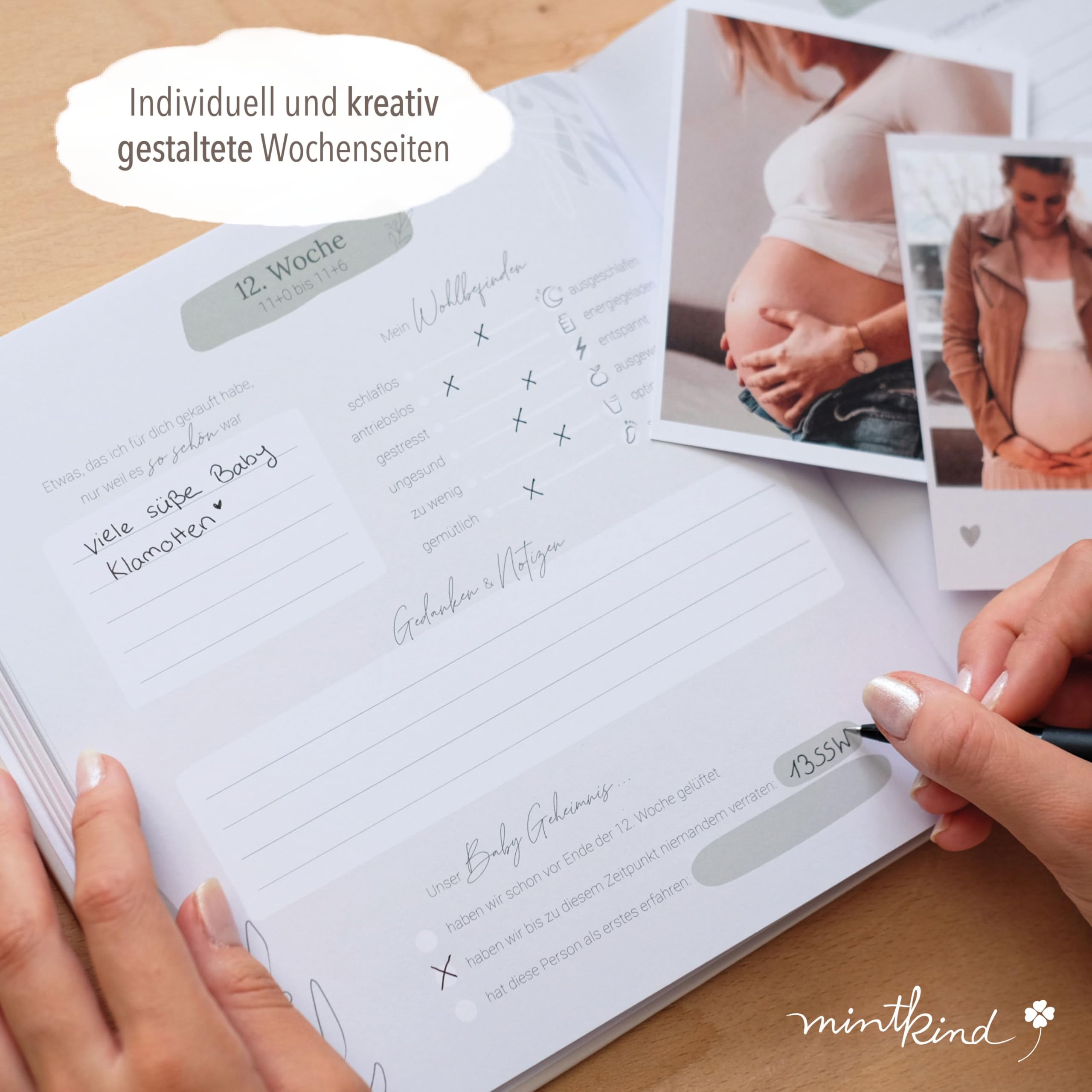 mintkind® Schwangerschaftstagebuch Leinen „Meine Schwangerschaft“ + Sticker Set I Hardcover Tagebuch zum Eintragen I Geschenk für Schwangere und werdende Mütter | Schwangerschaft Fotoalbum Baby Album