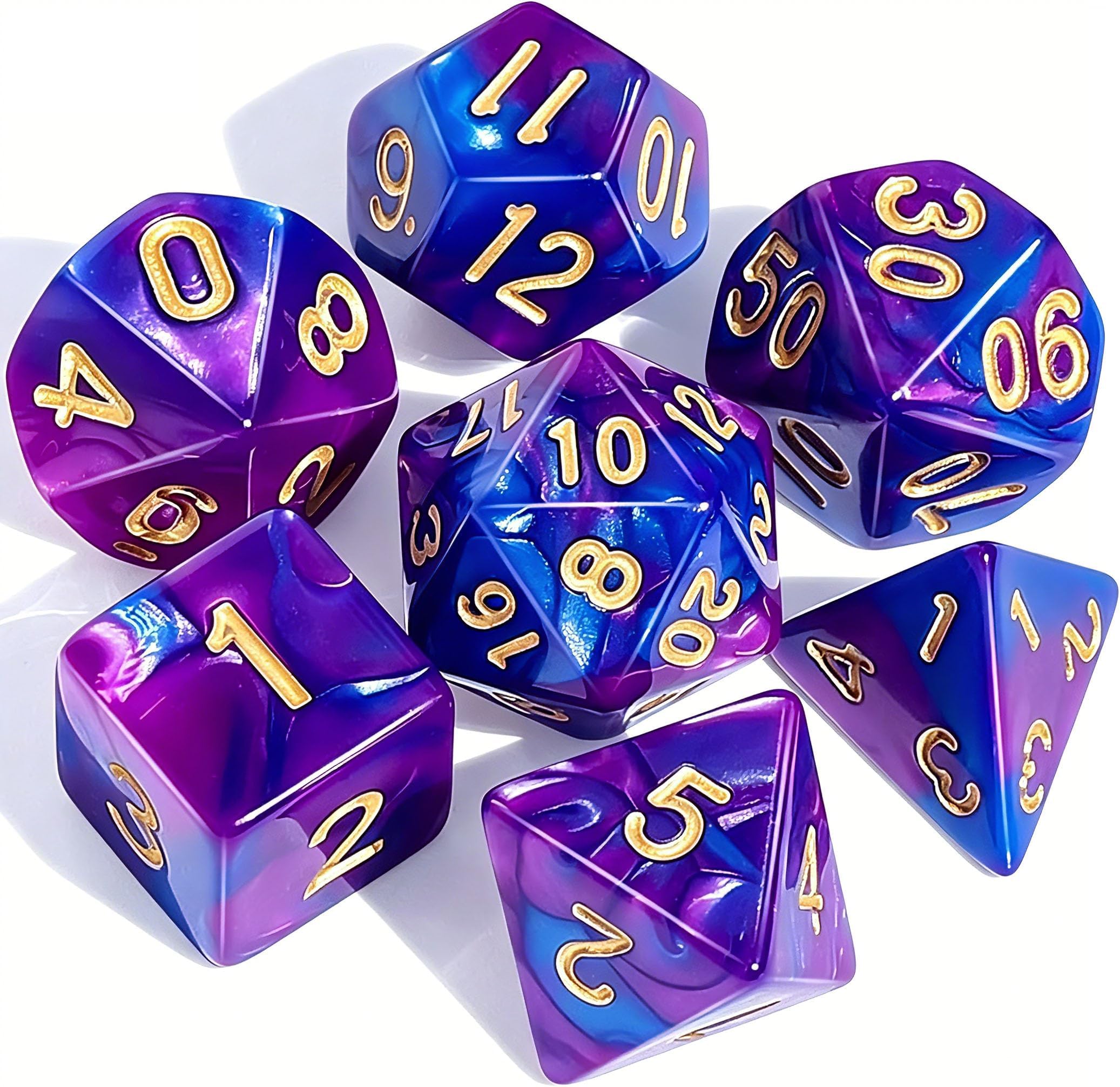 CiaraQ Polyhedral Dice Set, 7 Pieces Acrylic RPG Dice for D&D with Black Velvet Bag โ Purple & Blue Swirl โ Standard Size โ Ages 14+