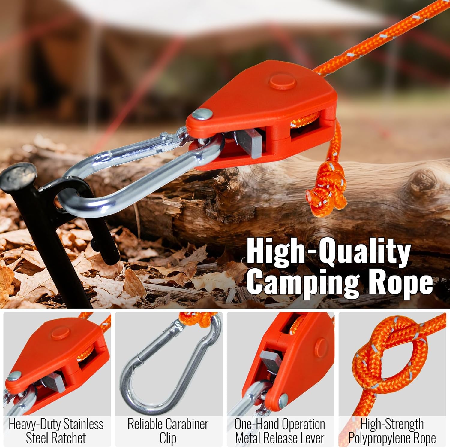 Camping Rope Reflective Tent Rope Guyline with Ratchet Pulley, Tarp Tie Down Ropes for Tent Tarp, Canopy Shelter, Camping, 13ft Adjustable Guy Line for Canopy Tent 6 Pack Guy Lines Tents Cords