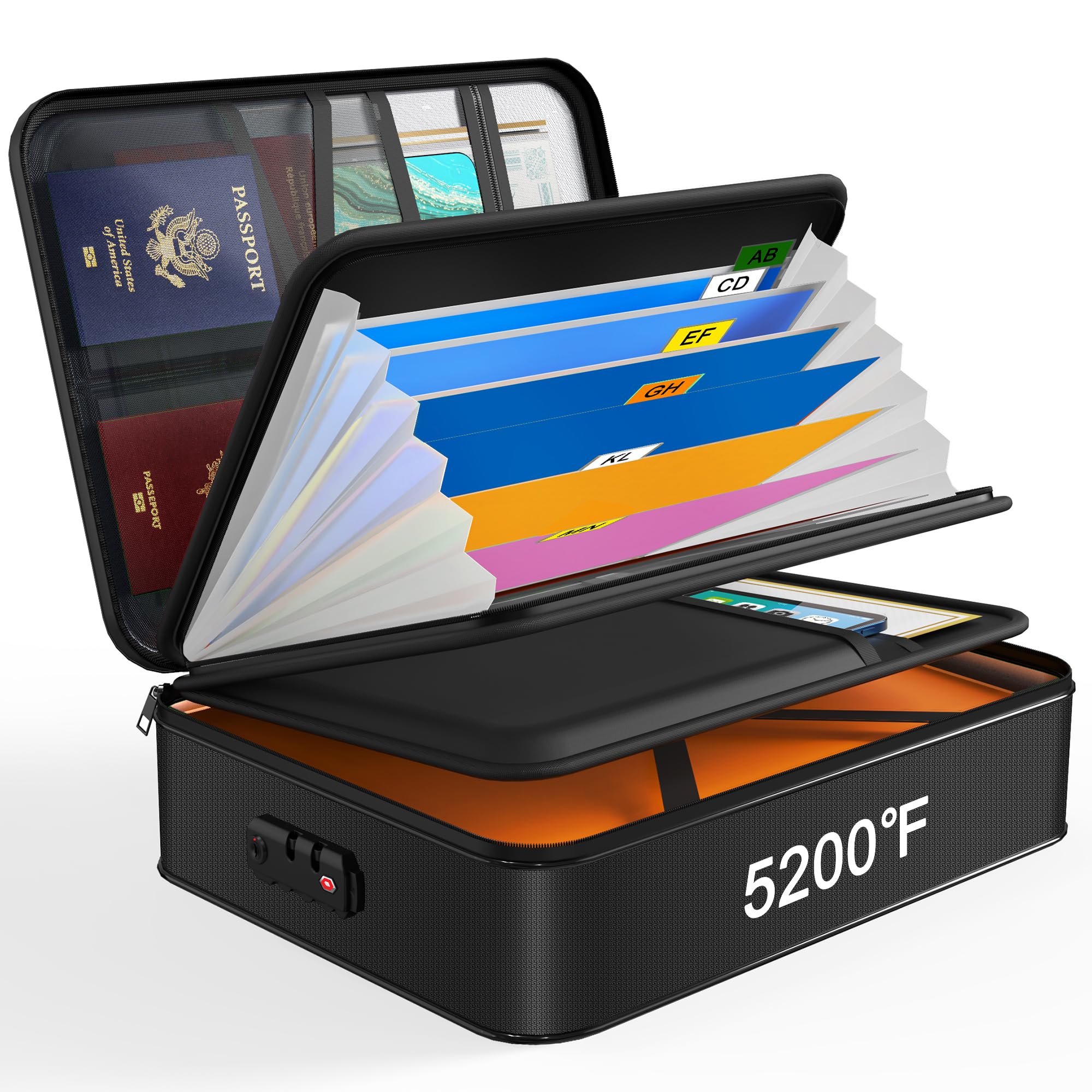 Noiposi Feuerfeste Dokumententasche 5200℉ UL94-V0 Zertifiziert ，38cm x 28cm x 11cm Dokumententasche Feuerfest Wasserdicht mit 7 Fächern，Leicht Dokumentenmappe Mit TSA Zollpasswortschloss