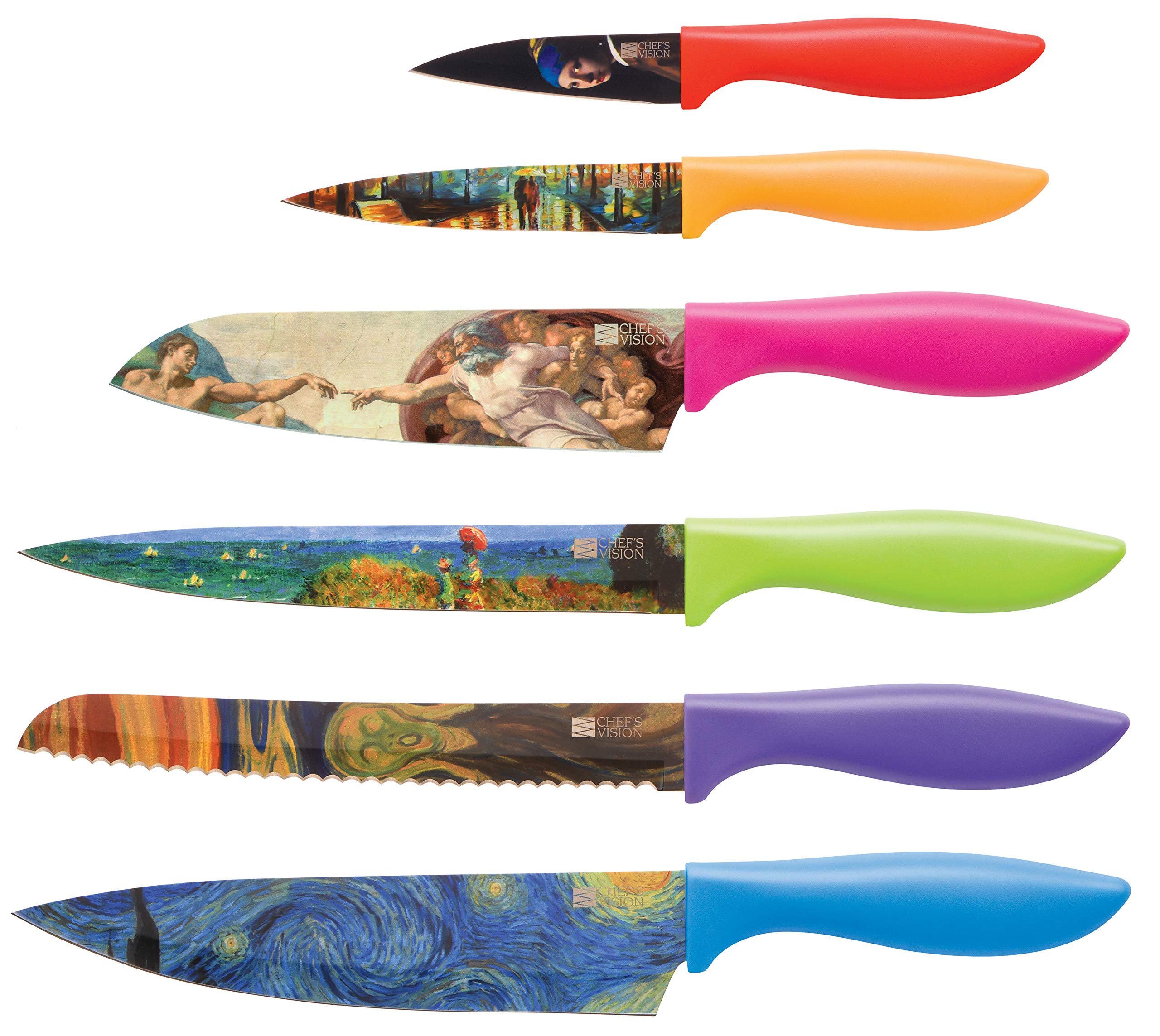 Chef's Vision Masterpiece Knife Set - 6-Piece Stainless Steel Kitchen Knives Set with Stunning Artistic Designs- Great House Warming Gift for Women or Men - Unique Kitchen Knife Set Gift
