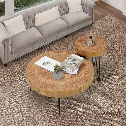 Miniatura 4 de RUSTOWN Juego de 2 mesas auxiliares redondas de granja, juego de mesa de cóctel, moderno círculo de madera natural, juego de mesa auxiliar y