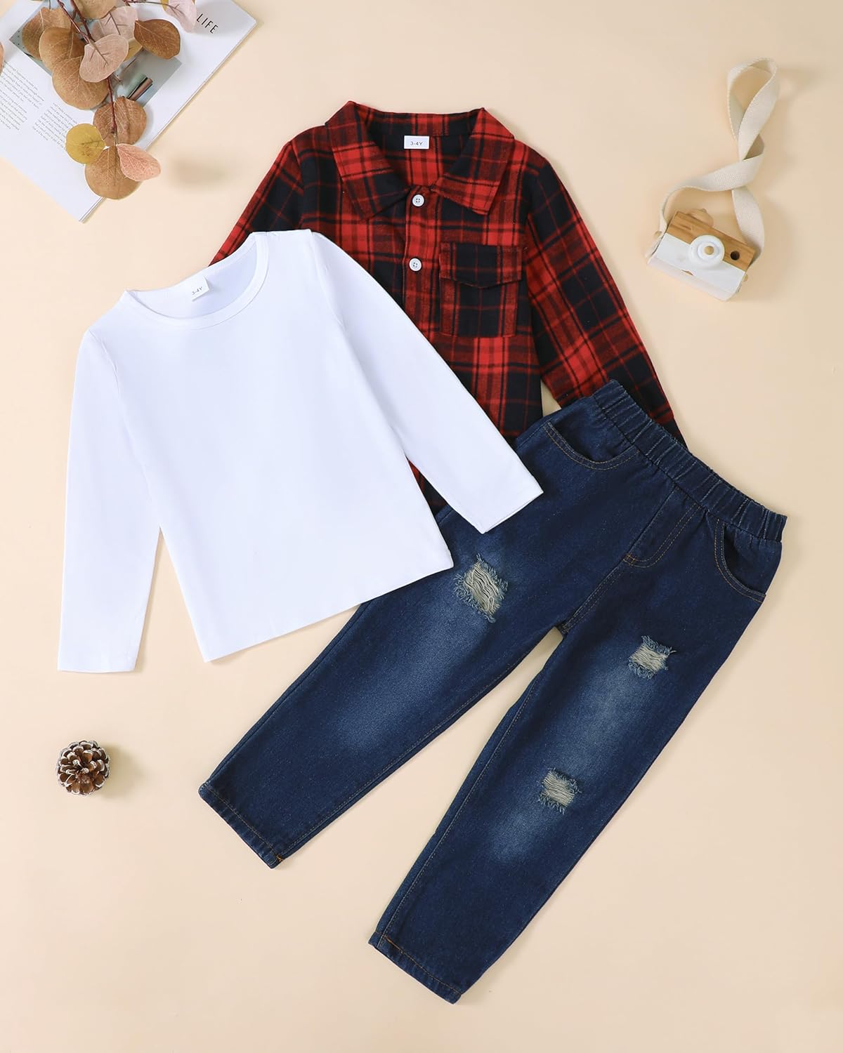 Renotemy Toddler Boy Clothes Fall Winter Outfits 3Pcs Fashion Flannel Shirts Ripped Jeans Pants Kids Boys Clothing Sets - Image 3