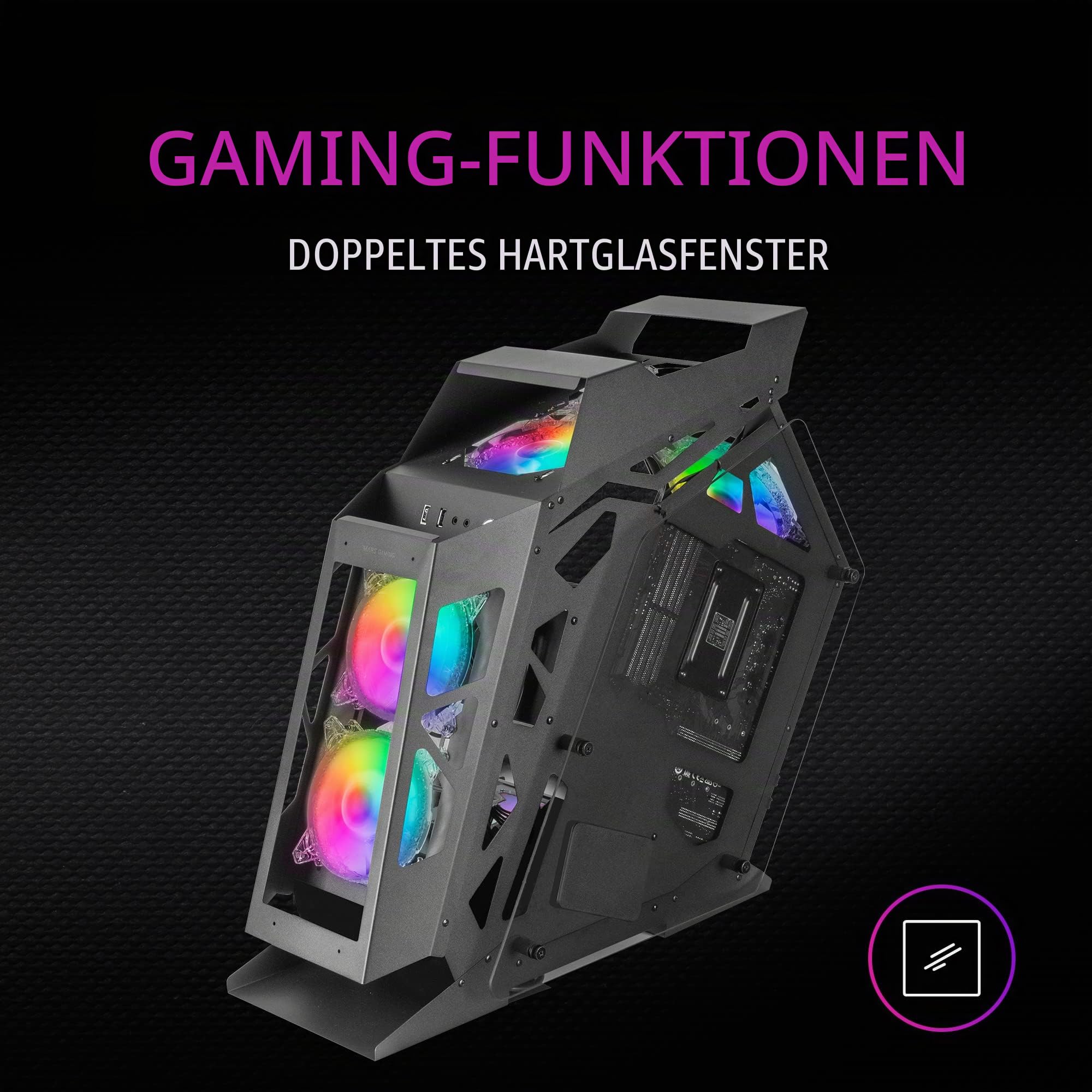 Mars Gaming MC61 Schwarz, PC-Gehäuse Gaming Kompaktes Micro-ATX, 4 x 12cm Lüfter, ARGB Chroma, Dual Tempered Glass Fenster