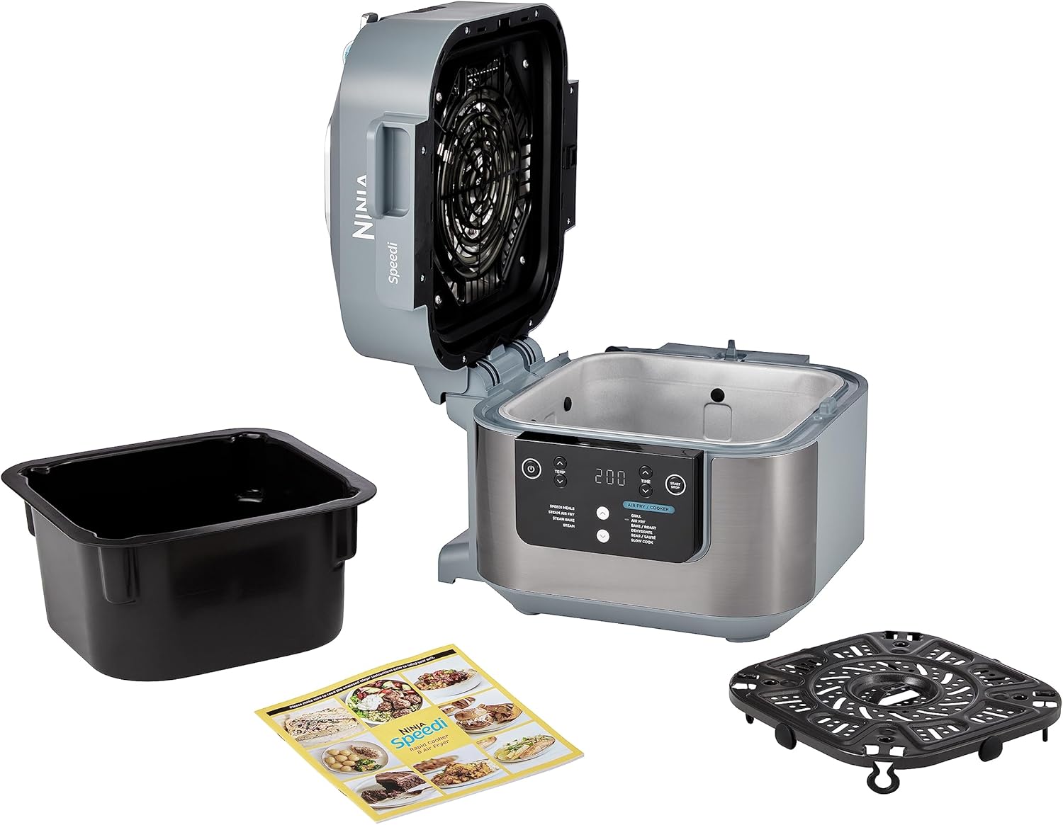 Ninja Speedi Pentola elettrica rapida 10 in 1, friggitrice ad aria e pentola a pressione, 5,7 l, pasti per 4 in 15 minuti, frittura ad aria, cottura al vapore, ecc., grigio sale marino, ON400EU