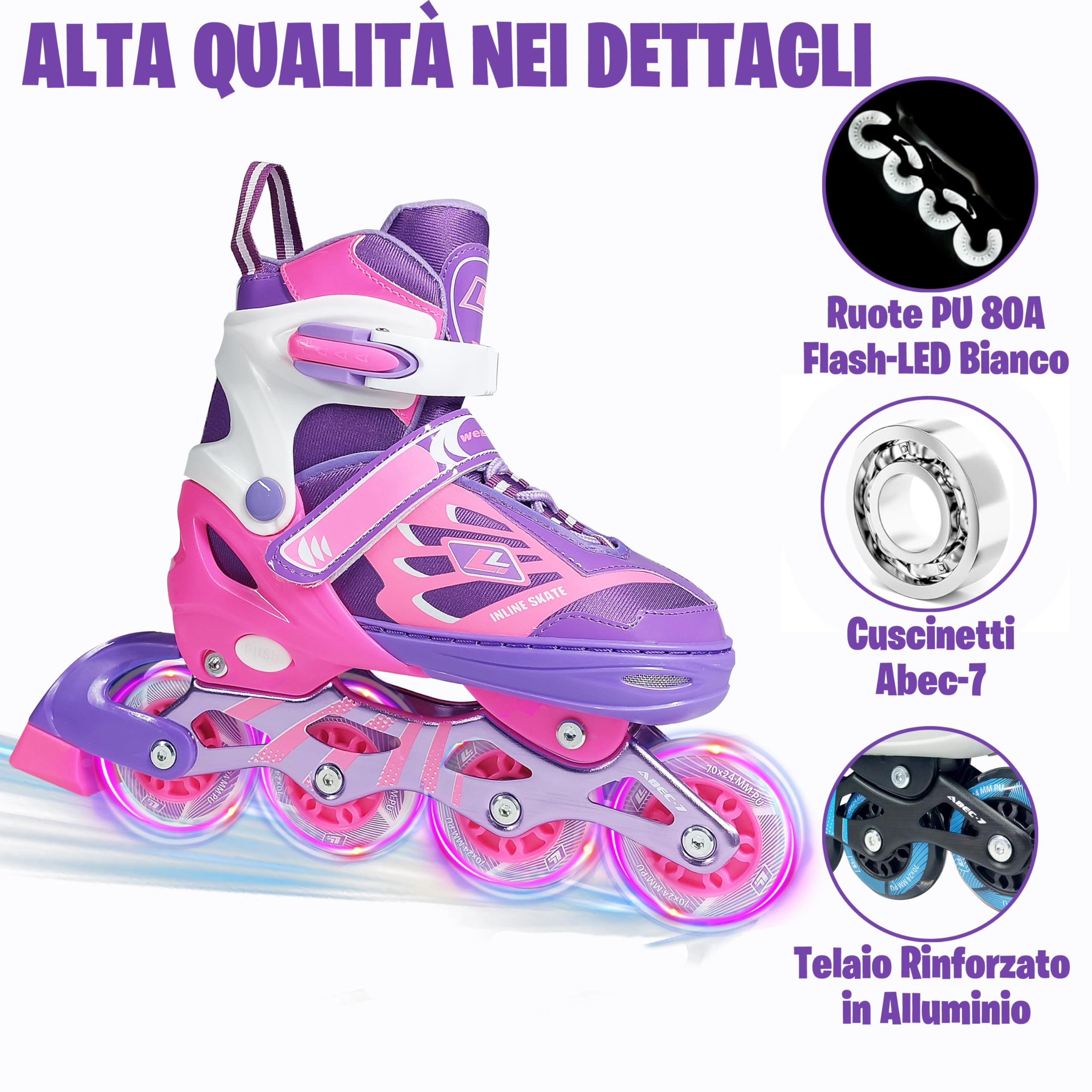 WeLLIFE SK-Line Pattini in Linea Bambini Regolabili 4 Misure con Ruote LED Bianco, Pattini Bambino e Bambina Guscio Rigido Telaio Alluminio Borsa Taglie 29-37