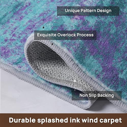 Miniatura 8 de Alfombra abstracta de 5 x 7 pies, moderna, color verde azulado y morado, para sala de estar, lavable, suave, grande, antideslizante, para comedor,
