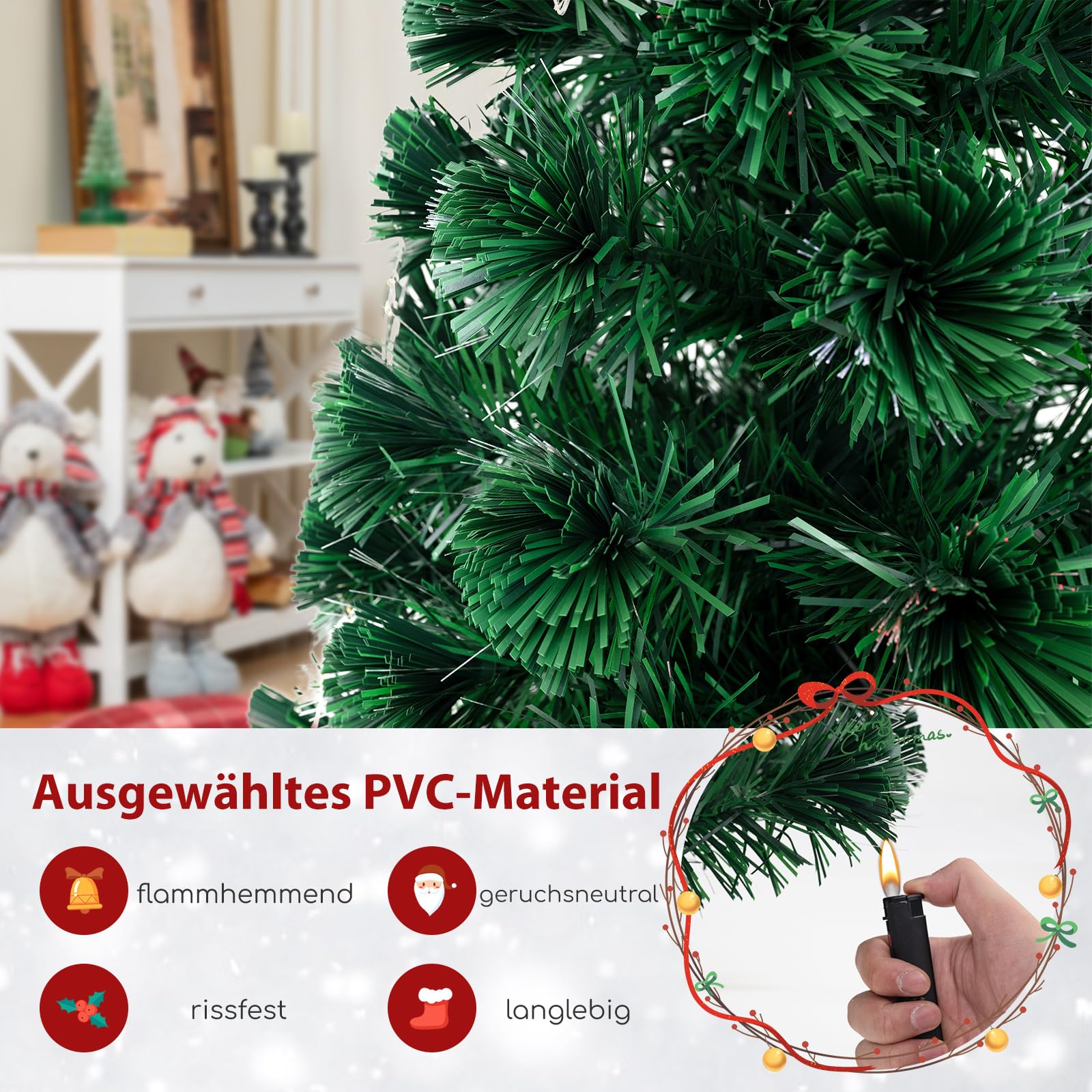 COSTWAY Künstlicher Weihnachtsbaum mit Beleuchtung, 180 cm Tannenbaum aus Glasfaser mit 36 warmweißen LED-Lichtern & 230 Zweigspitzen, Christbaum Kunstbaum beleuchtet mit Sternspitze für Zuhause Büro