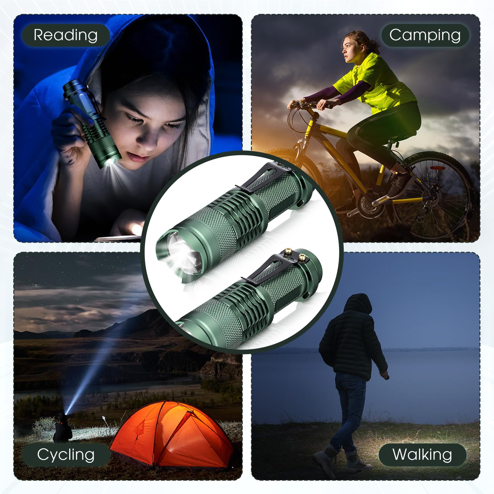 Fumete 20 linternas LED mini 3 modos, linternas tácticas pequeñas resistentes al agua, lámpara táctica de bolsillo, enfoque ajustable, linterna con zoom para interiores y exteriores (verde oscuro)