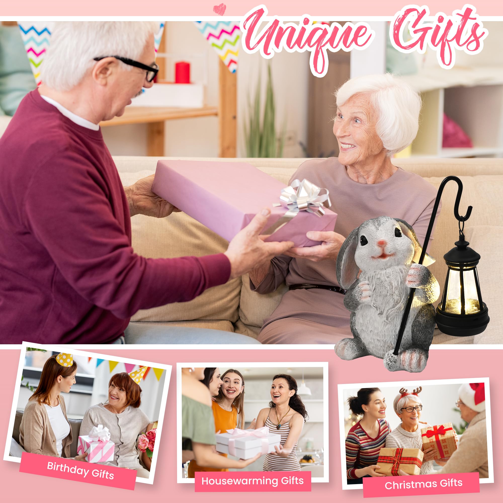 GIGALUMI Estatuas solares de jardín, Regalos para el día de la Madre, Figuras de Conejo, Luces para Exteriores, Patio, decoración de jardín, mamá, para Mujeres, decoración para