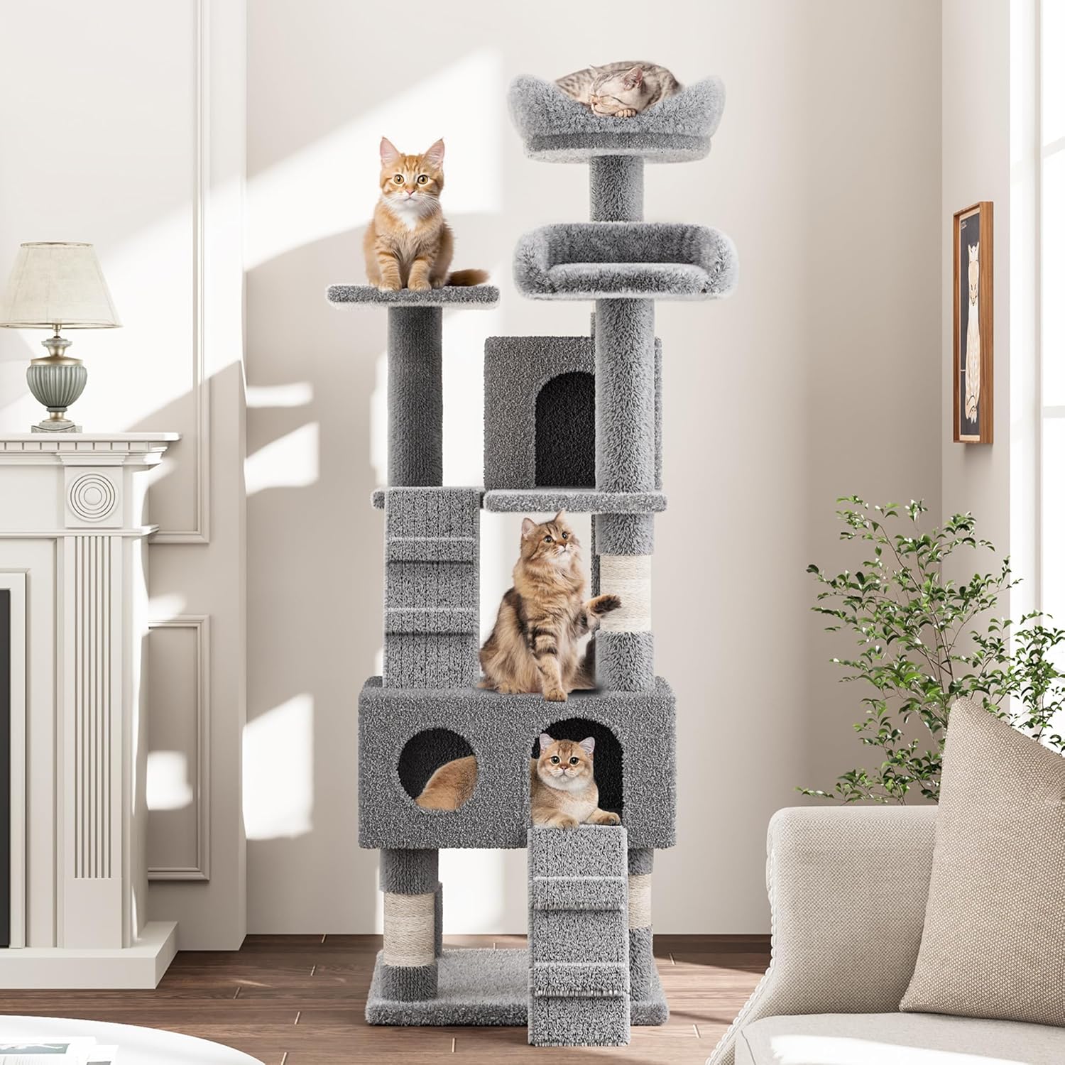 Cat Tree, Tall Cat Tower Condo for Indoor Large Cats, Cat House Furniture with Padded Plush Perch Sisal Scratching Posts (Grey, 63 * 19.7 * 19.7 in)
