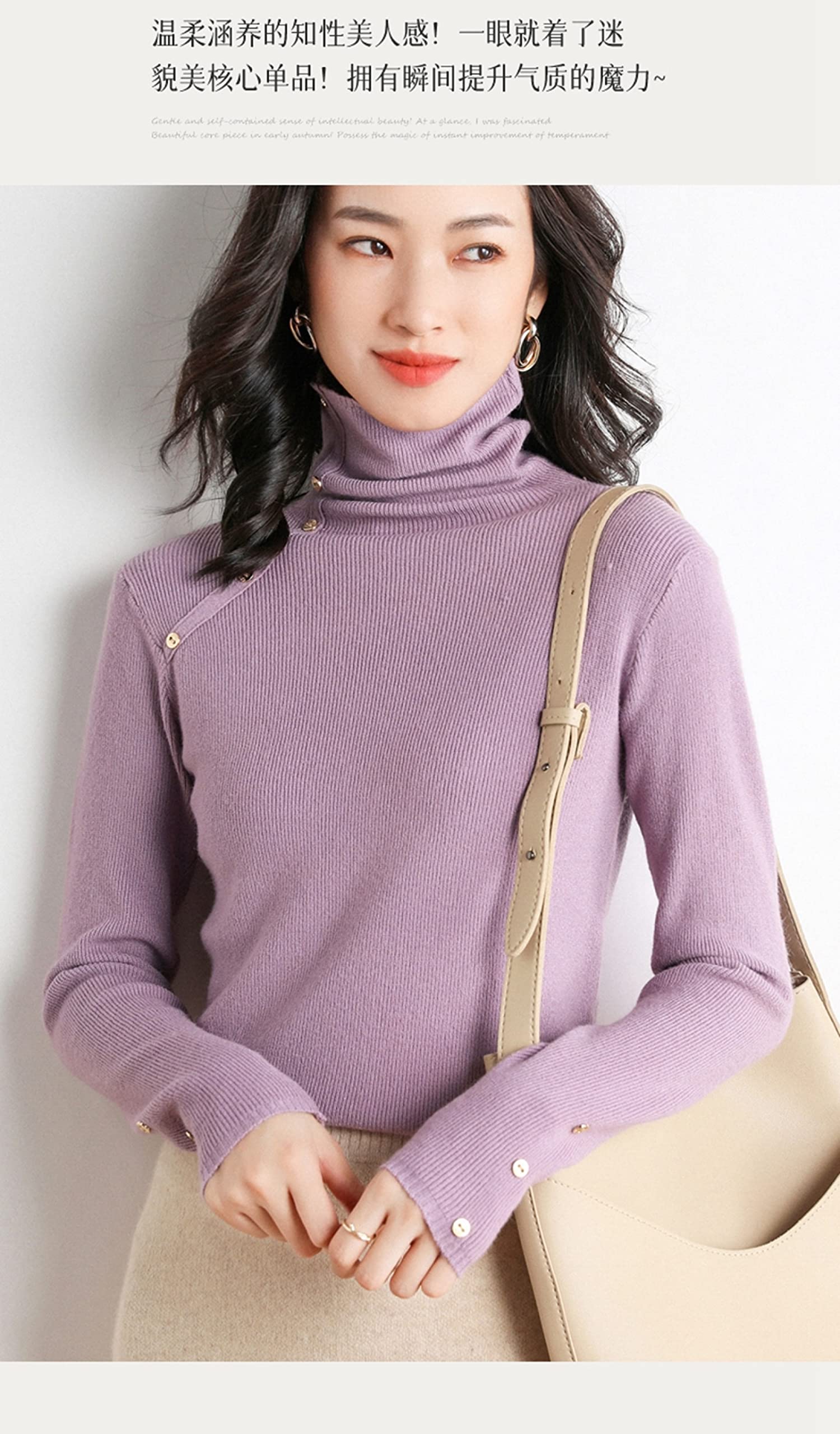 Suéter para Mujer,Suéter De Cachemira De Cuello Alto De Otoño E Invierno para Mujer Jersey De Manga Larga Suelto Informal Top Elegante Y Cálido Suéter De Moda De Calle De Punto Elástico De Co