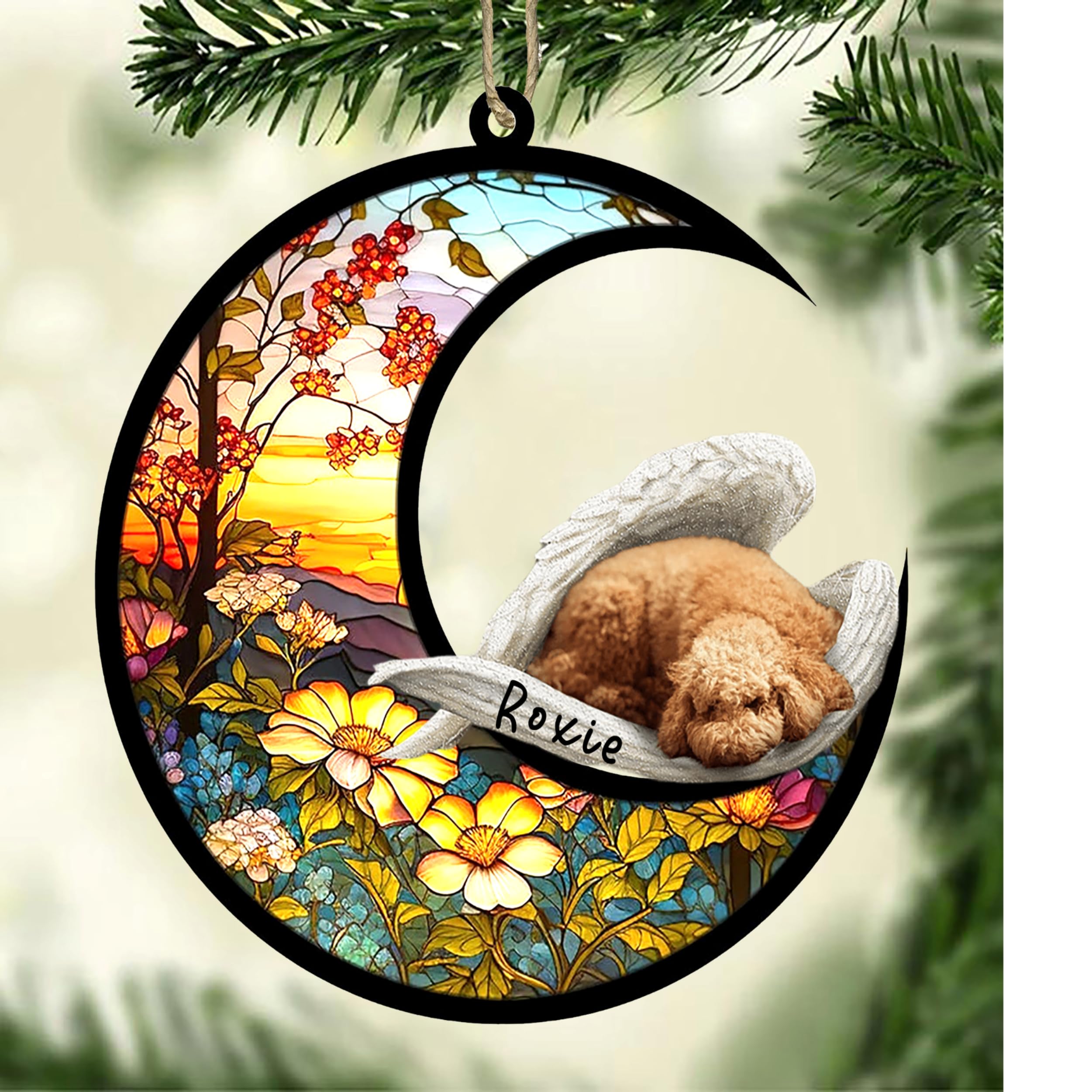 Personalized Poodle Dog Memorial Suncatcher, Poodle Christmas Ornament with Name, Pet Loss Catcher, Gifts for Dog Lovers Loss of Dog, Poodle Sleep on Haven