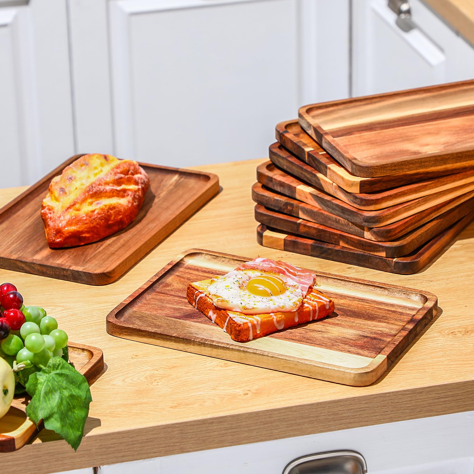 Set 3 Vassoi Rettangolari Rustici In Legno Di Acacia | Portavivande Pieghevole Con Scaletta, Tecnologia Antiscivolo