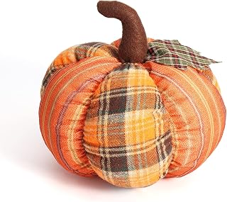 DomeStar Artificial Pumpkin Decoration，10 Inches Large Fake Pumpkin Fabric Plaid Stuffed Pumpkin Rustic Farmhouse Thanksgiving Harvest Halloween Wedding Table Centerpiece Kitchen Decorr