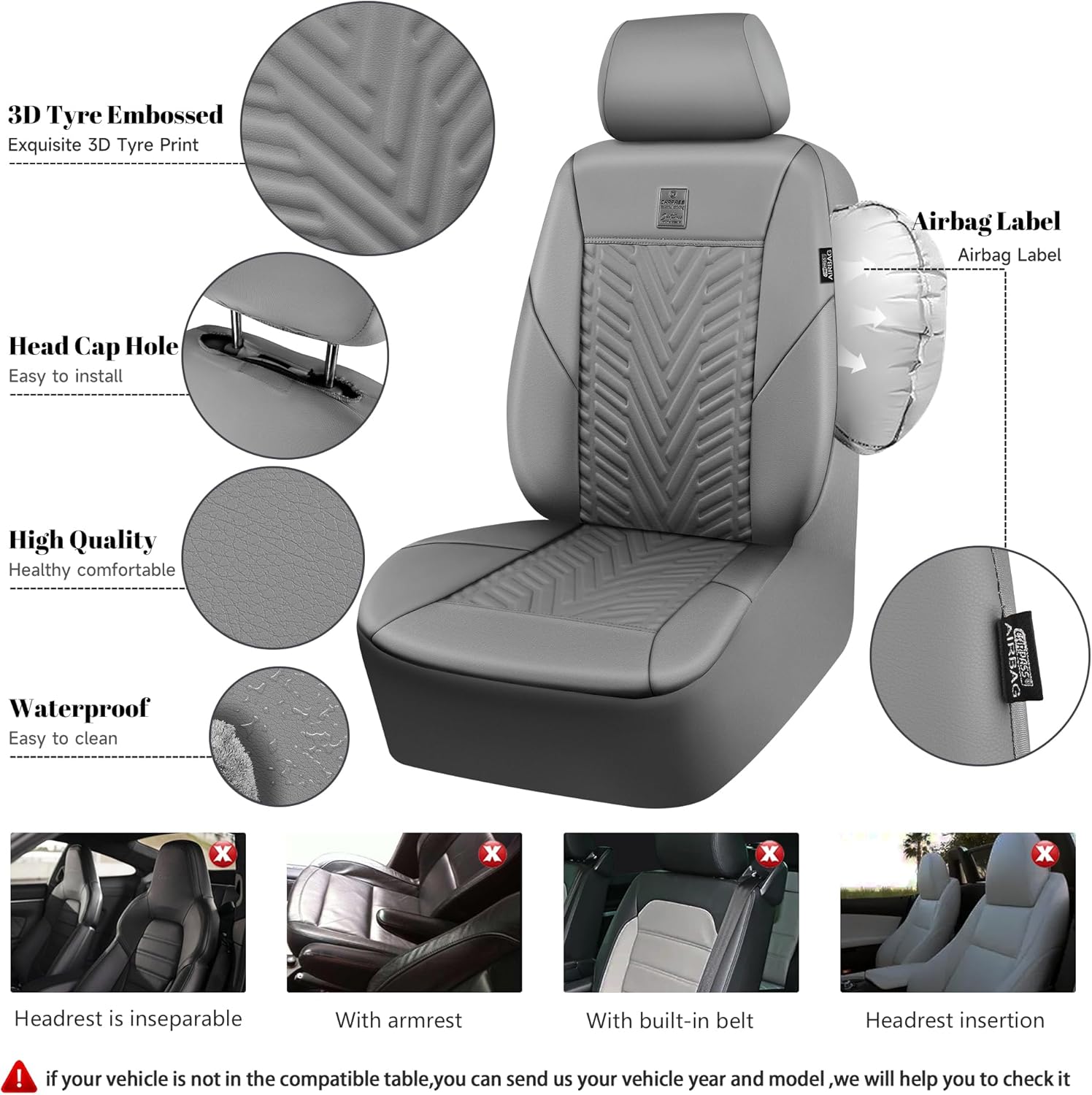 CAR PASS Faux Leather Car Seat Covers, 3D Tyre Embossed Waterproof Universal Fit 5 Seat Covers for SUV, Automotive Truck, Scratch Proof, Airbag Compatible (Deluxe Full Set, All Gray)