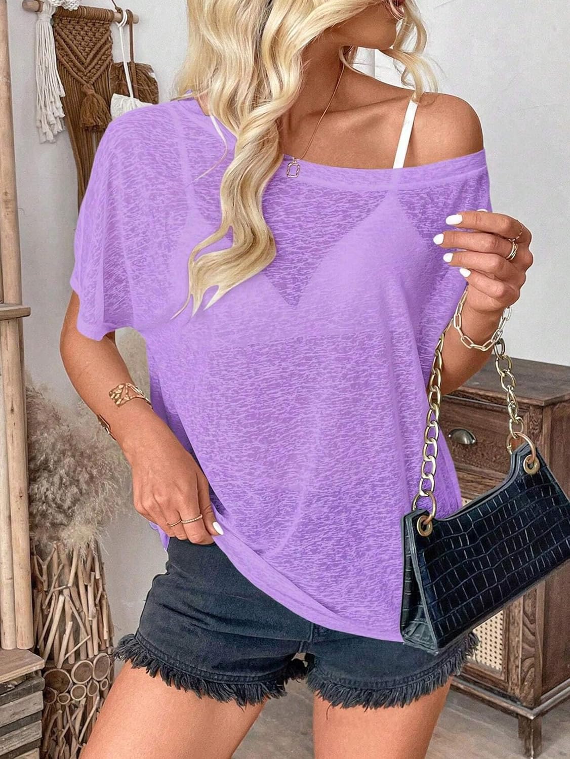 Hilinker Women's Sheer Off The Shoulder Tops See Through Sexy Short Sleeve Mesh Shirt Summer - Image 3