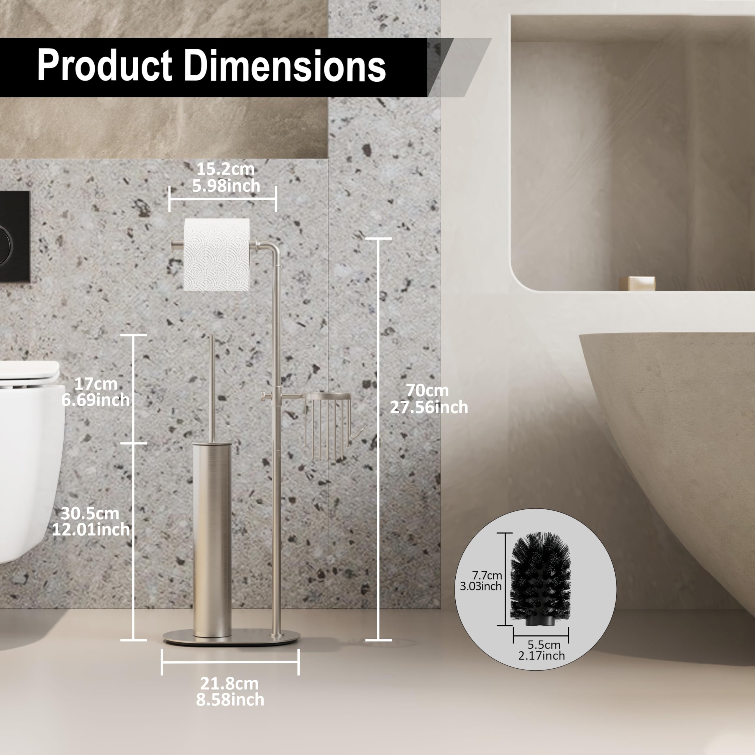 BVL Porta Carta Igienica e Scopino Nichel, Portacartaigienica Bagno in Acciaio Inox con Pratico Cestello Portaoggetti a 360°, Scopino Bagno WC con Porta Carta Igienica