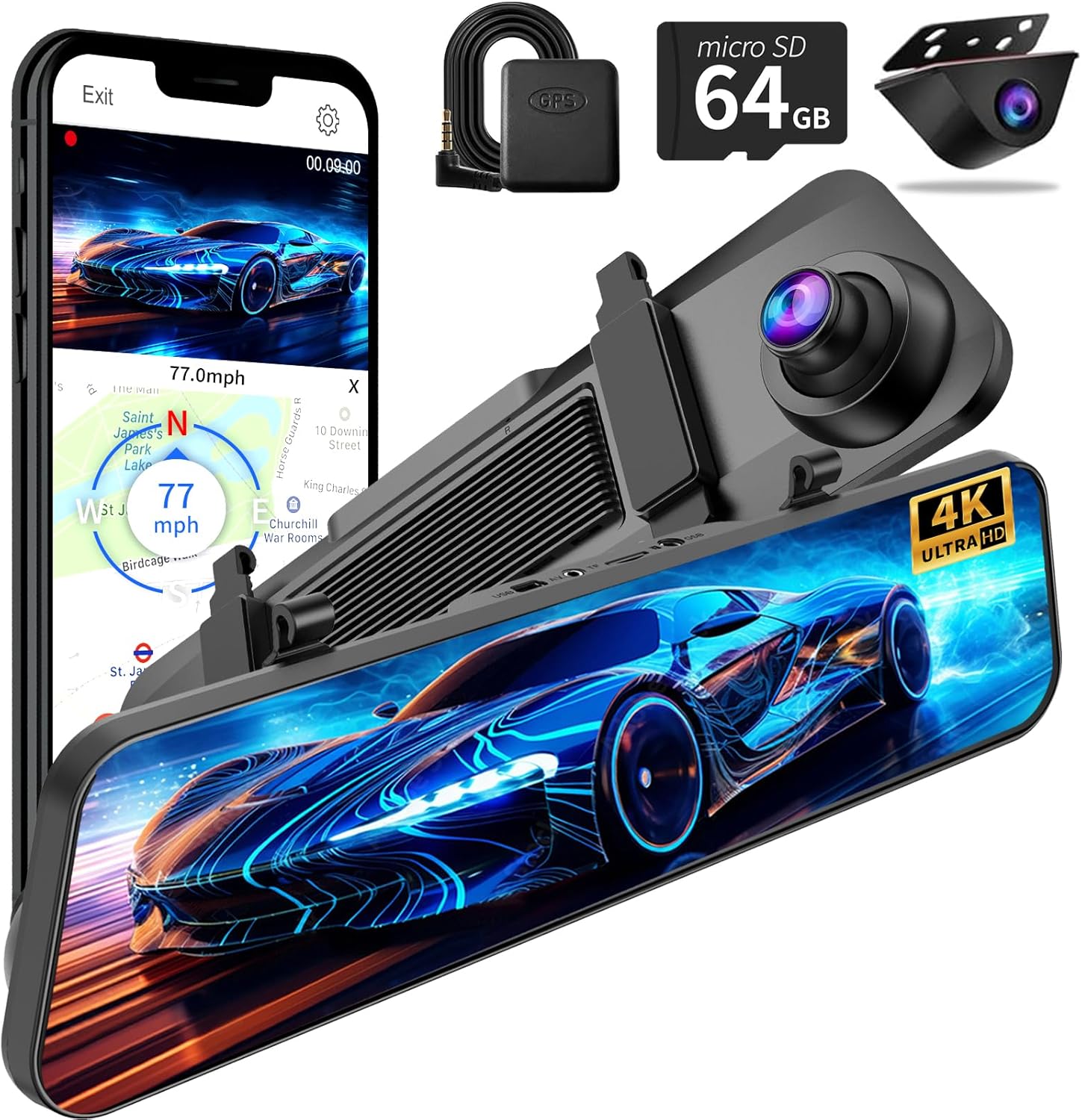 12“ Mirror Dash Camera for Car 4K Front 1080P Rear View w/ IMX415 307 ADAS BSD LCA Sensor Wi-Fi&APP GPS WDR Night Vision G-Sensor Loop Recording Parking Monitor 64GB Card