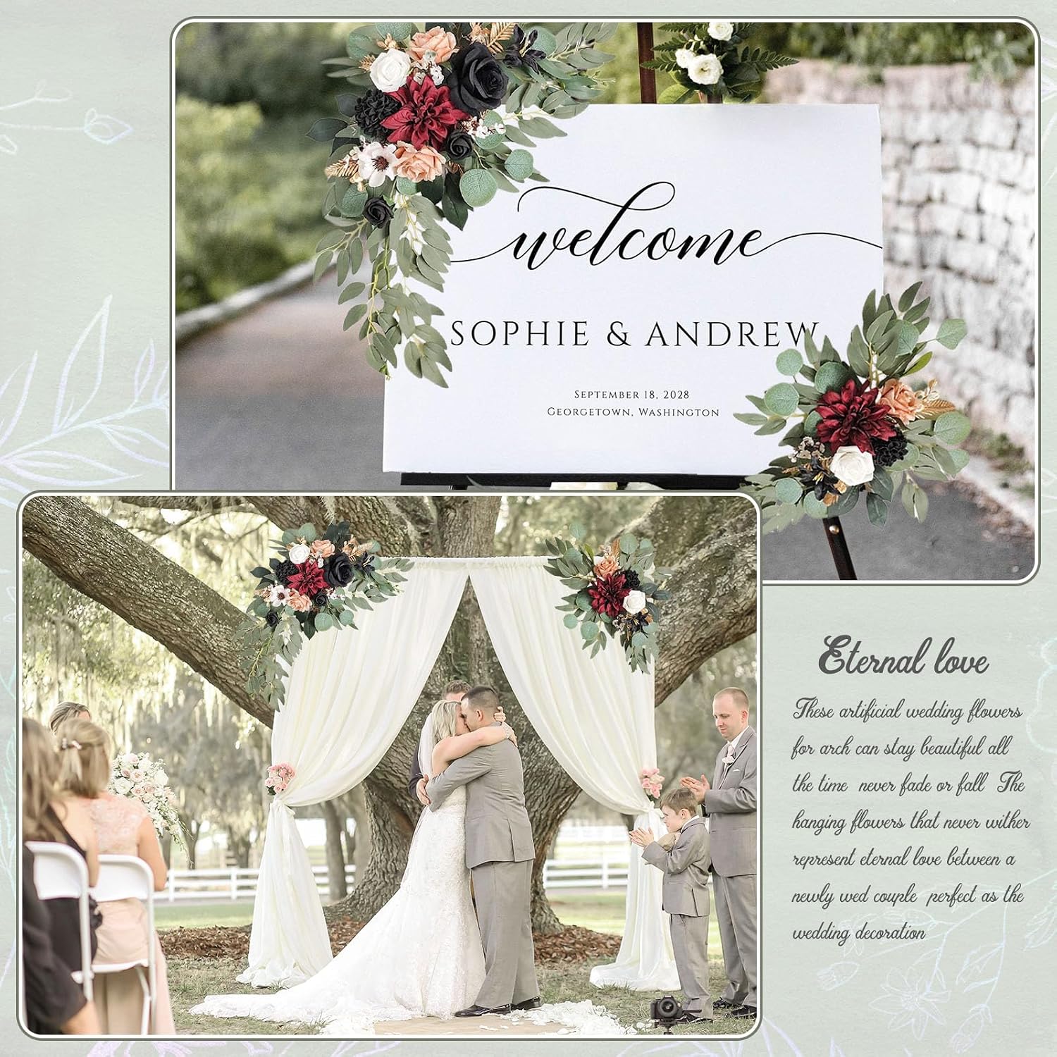 Burgundy Faux Flower Swag Set of 2, Artificial Flowers Swags for Wedding Arch, Wedding Welcome Signs, Welcome Reception Ceremony Signs Decorations