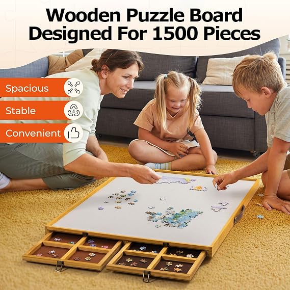 Adjustable Puzzle Table, 1500 Pieces Wooden Puzzle Board with Drawers and Turntables, Can Support 25 Degrees, Foldable Leg Jigsaw Table for Adults Jigsaw table