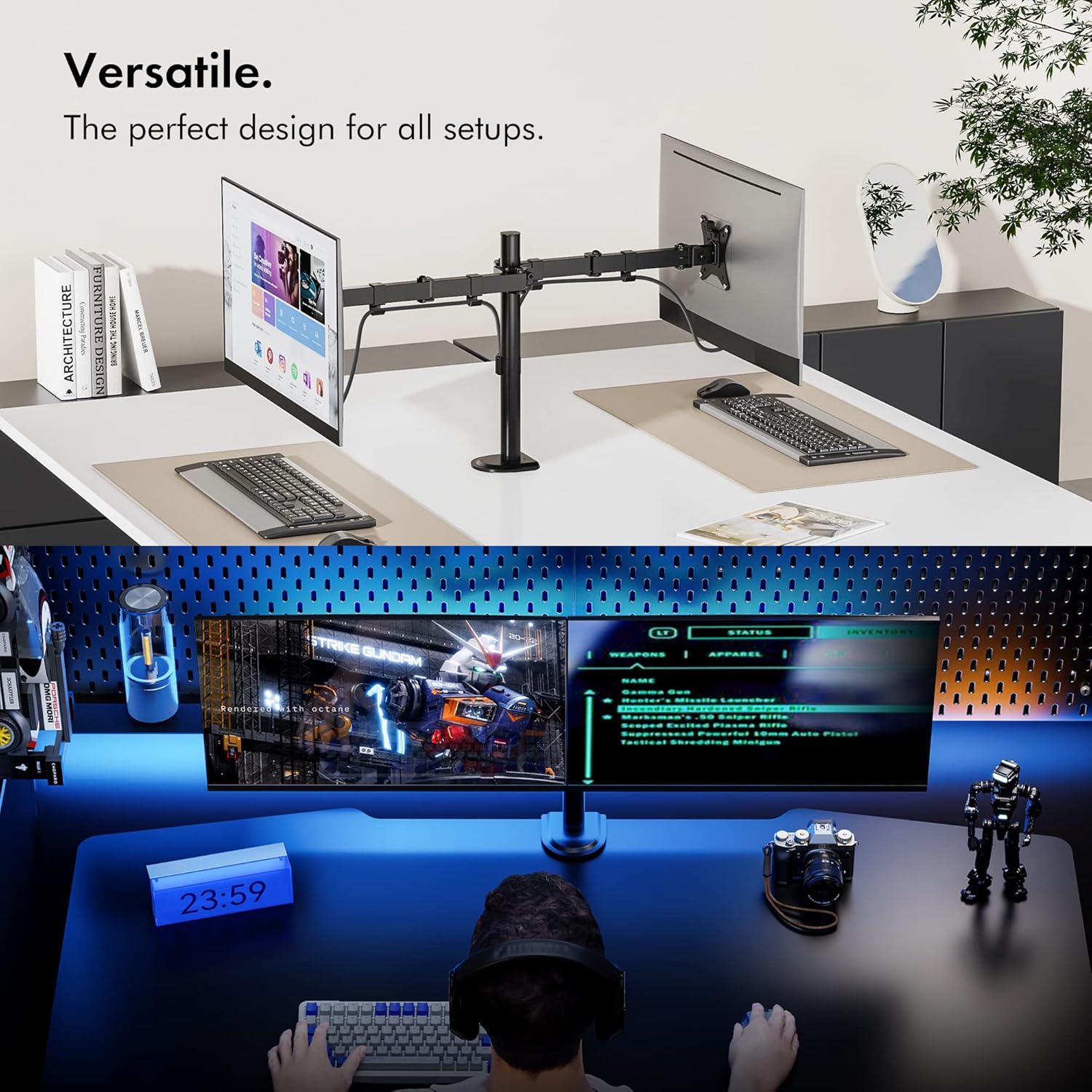 VonHaus Dual Monitor Mount for 13-32” Screens - Double Arm Desk Stand Bracket with Clamp - Ergonomic 180° Tilt, 360° Rotation & Twin 360° Swivel Arms - VESA Dimensions: 75x75-100x100
