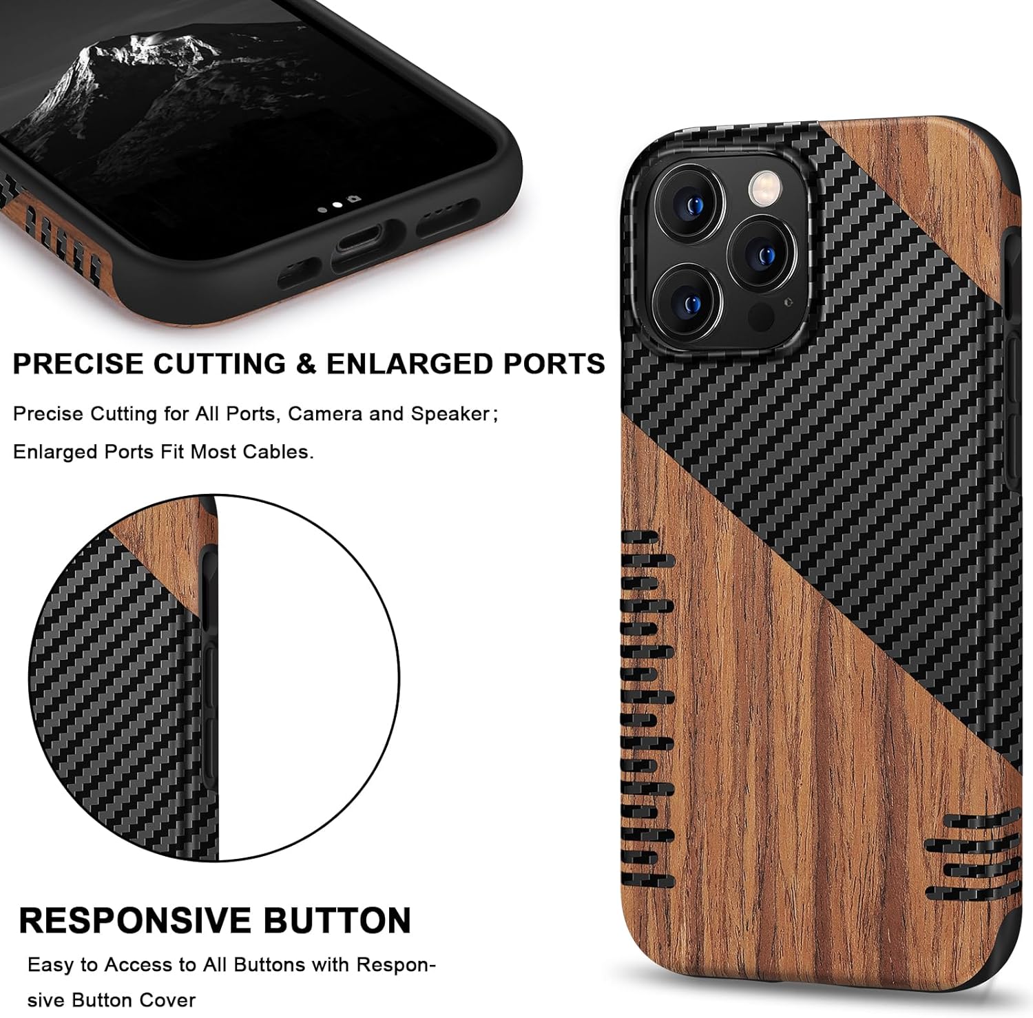 TENDLIN Compatible with iPhone 13 Pro Max Case Wood Grain with Carbon Fiber Texture Design Leather Hybrid Slim Case (Compatible with MagSafe) Twill