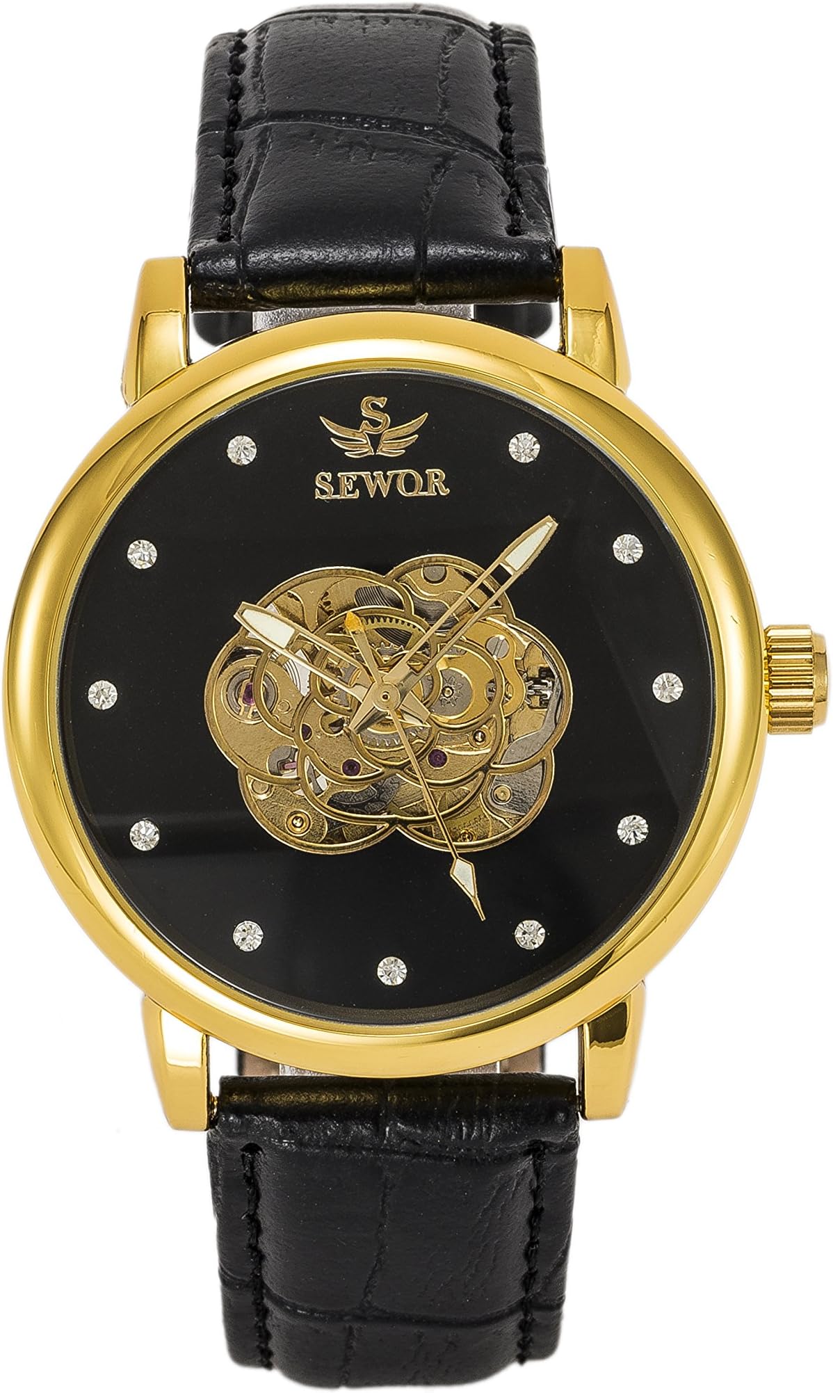 SOAO Women Automatic Wristwatch Waterproof Black Stainless Steel Dial Leather Band Watches For Girl
