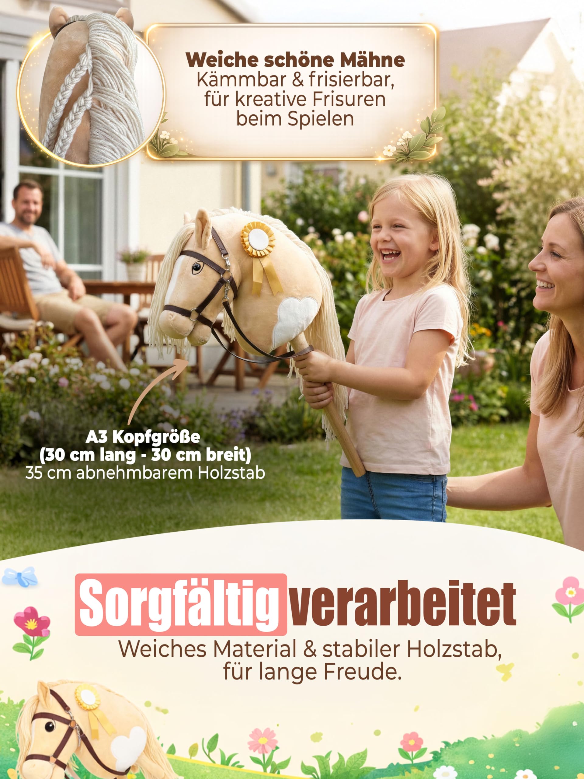 Hobby Horse - Cavallo a bastoncino fatto a mano per bambini da 4 a 12 anni, realistico, con cinghia regolabile e fiocco da torneo (beige e bianco)