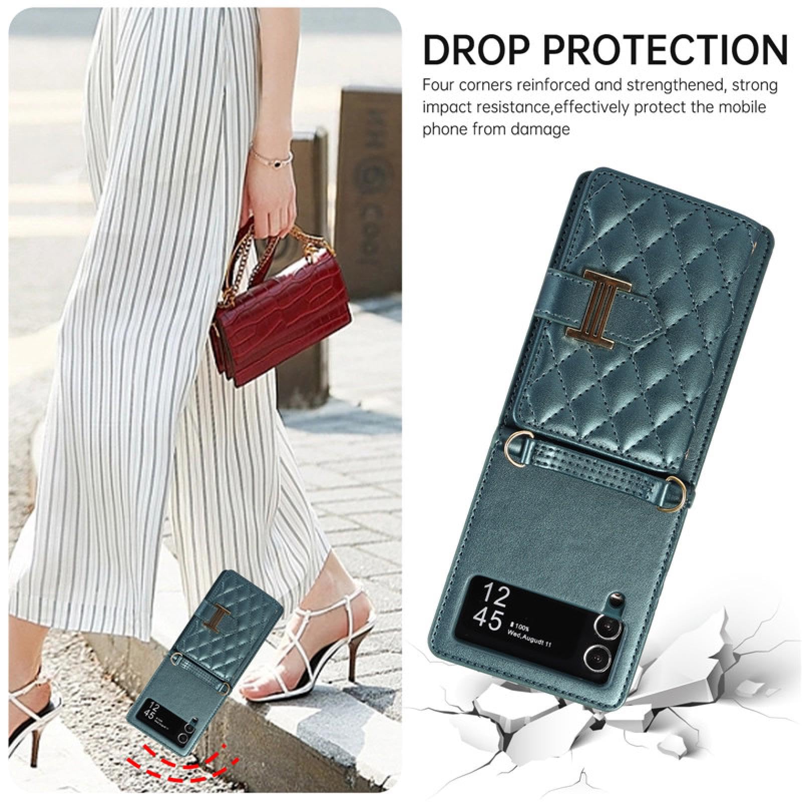 Do Samsung Z Flip 3 Wrist Rope Leather Wallet Card Phone Case Crossbody Lanyard Cover (Do Samsung Z Flip 3/czarny)