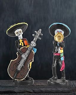 Day of The Dead Mariachi Skeleton Figurines 4.3'' – Set of 2 Hand-Painted Resin Día de Los Muertos Decorations – Mexican Folk Art Halloween Decor for Home, Altar, Table Centerpiece (Mariachi)