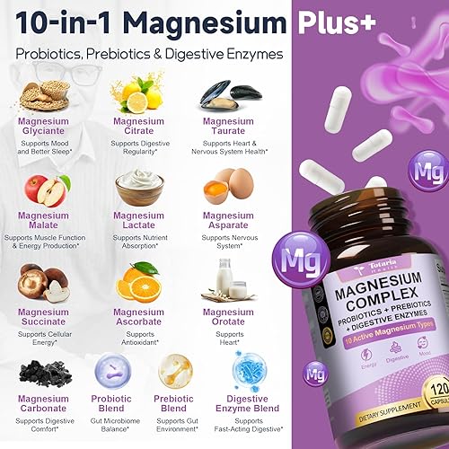 Miniatura 2 de Suplemento complejo de magnesio 10 en 1 con probióticos, prebióticos y enzimas digestivas, 100 mil millones de probióticos UFC para mujeres,