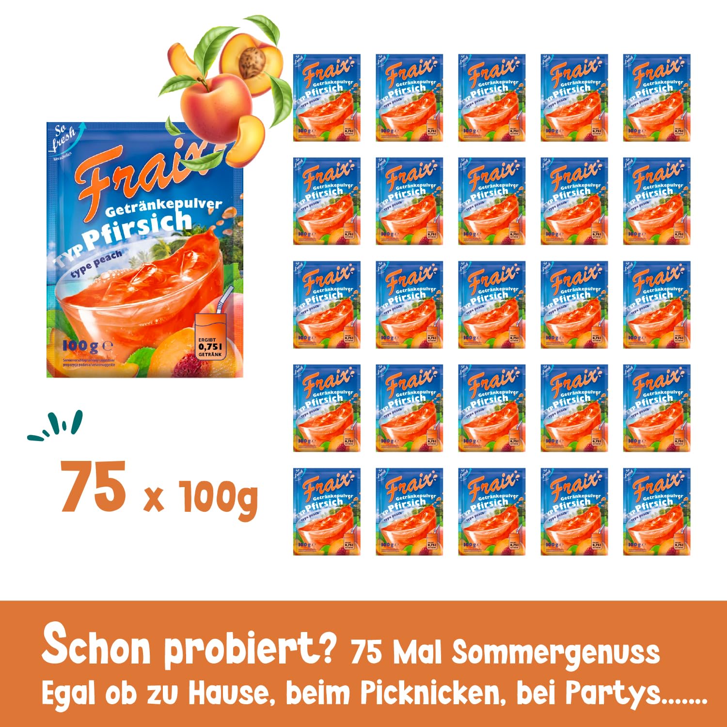 FRAIX Polvere per bevande, pesca, confezione da 75 (75 x 100 g), polvere istantanea di frutta con sapore di pesca, perfetta per viaggi, feste di compleanno