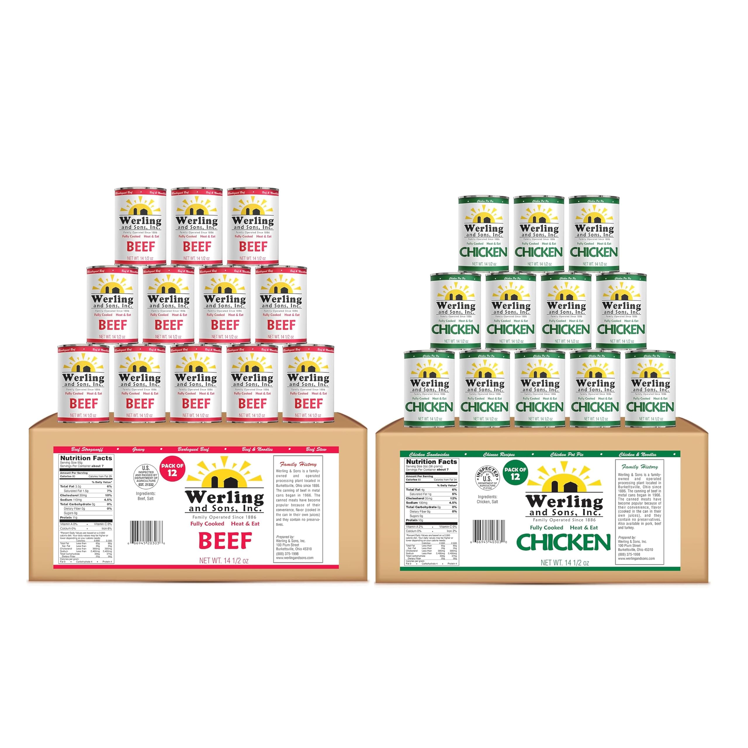 Werling Canned Chicken & Beef Variety Pack – 24 Total Cans, 12 Cans Each, 14.5 oz Fully Cooked Ready to Eat Chicken and Heat & Eat Beef for Meals & Pantry Storage