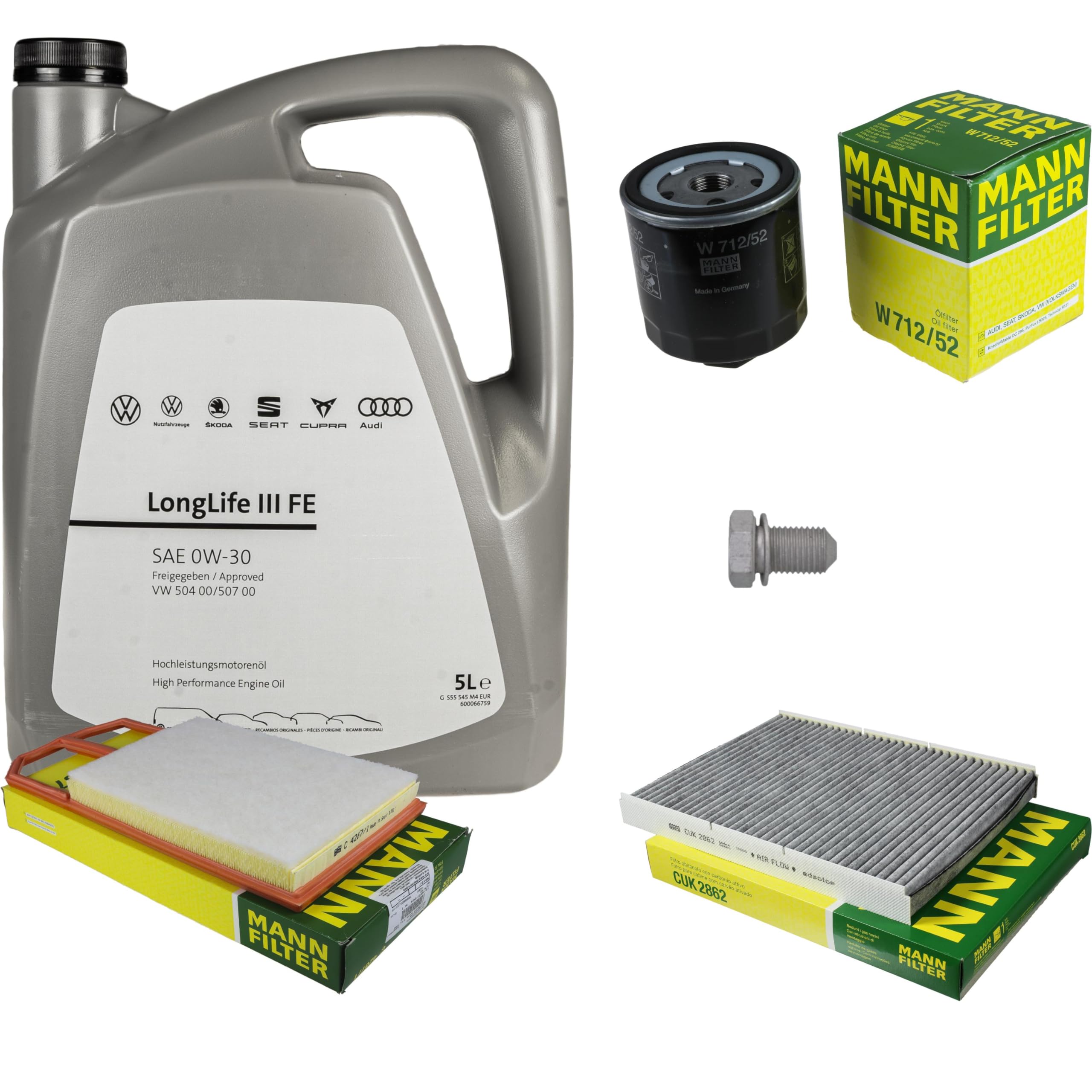 Pacchetto di ispezione pacchetto di manutenzione filtro con 5 l 0W-30 olio motore LongLife 3 FE, filtro dell'olio, filtro dell'aria abitacolo (carbone attivo) vite di scarico dell'olio