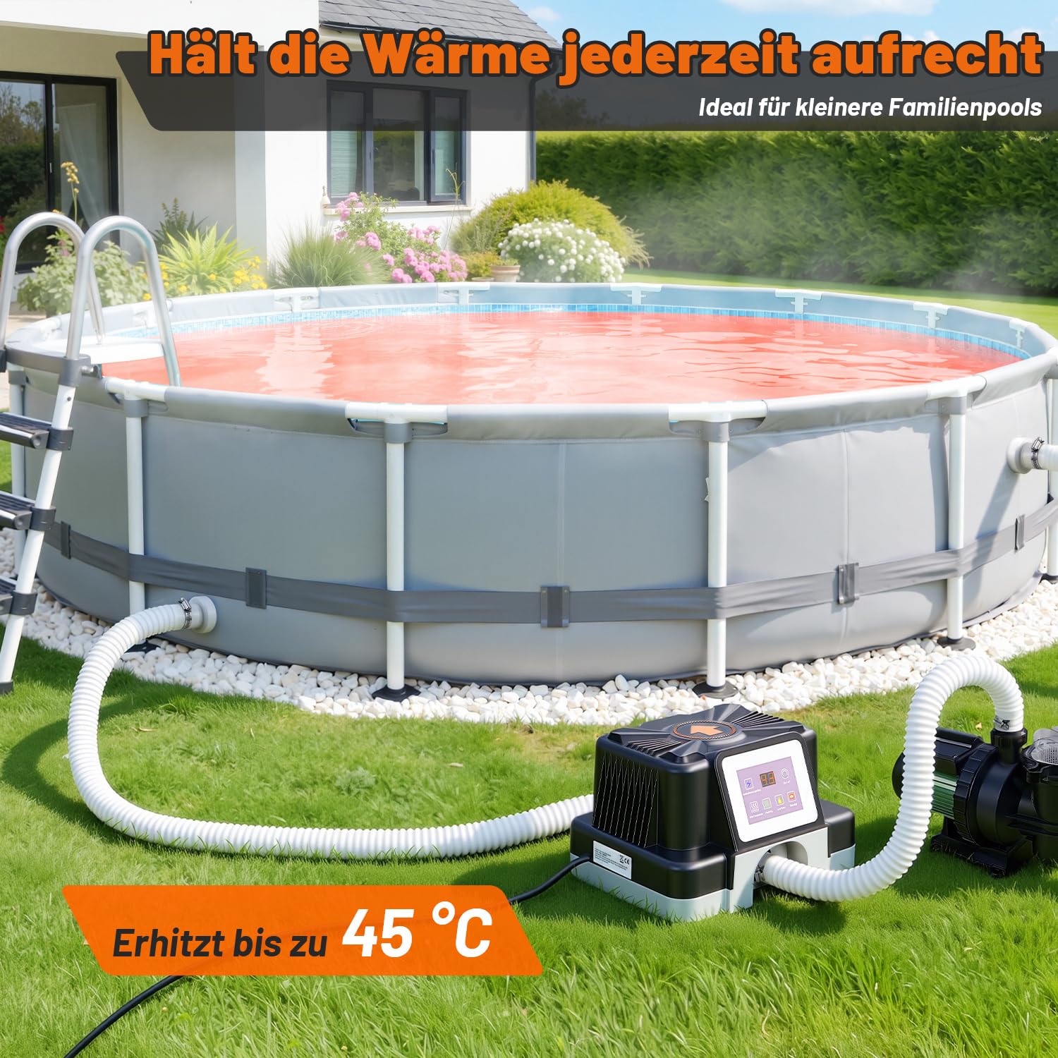 Poolheizung 33 x 29 x 21 cm, Warmwasser Heizung für Pools, 3000W Schwimmbadheizung mit Digitalanzeige und automatischer Wärmespeicherung, 32-38mm Anschluss, Pool Heizungen für Schwimmbad