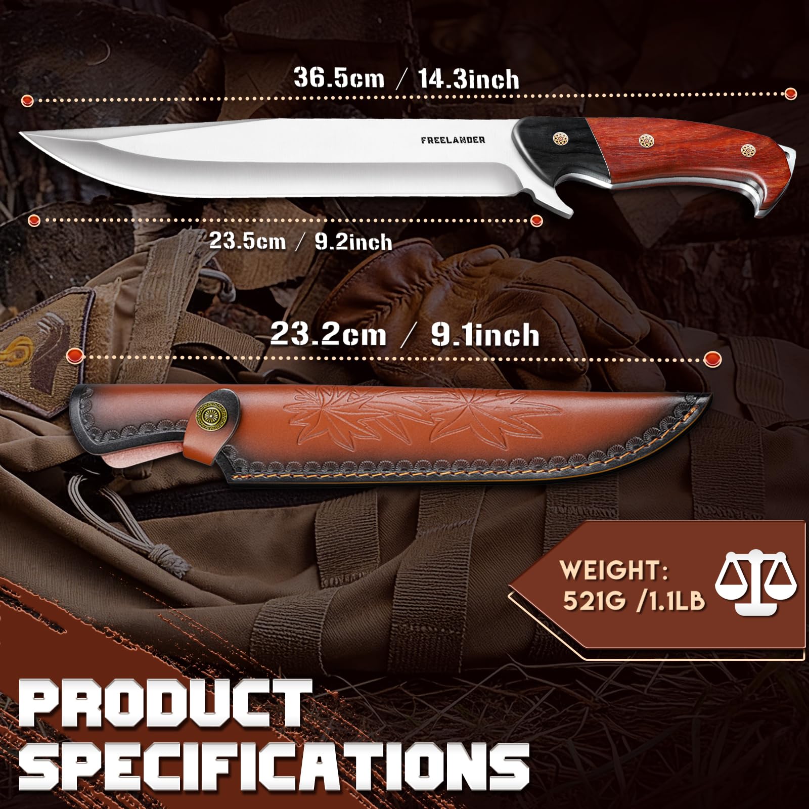 Freelander Coltello da Sopravvivenza Lama Fissa con Fodero | Struttura Full Tang Affidabile, Presa Ergonomica Sicura, Ideale per Bushcraft, Campeggio ed Escursioni