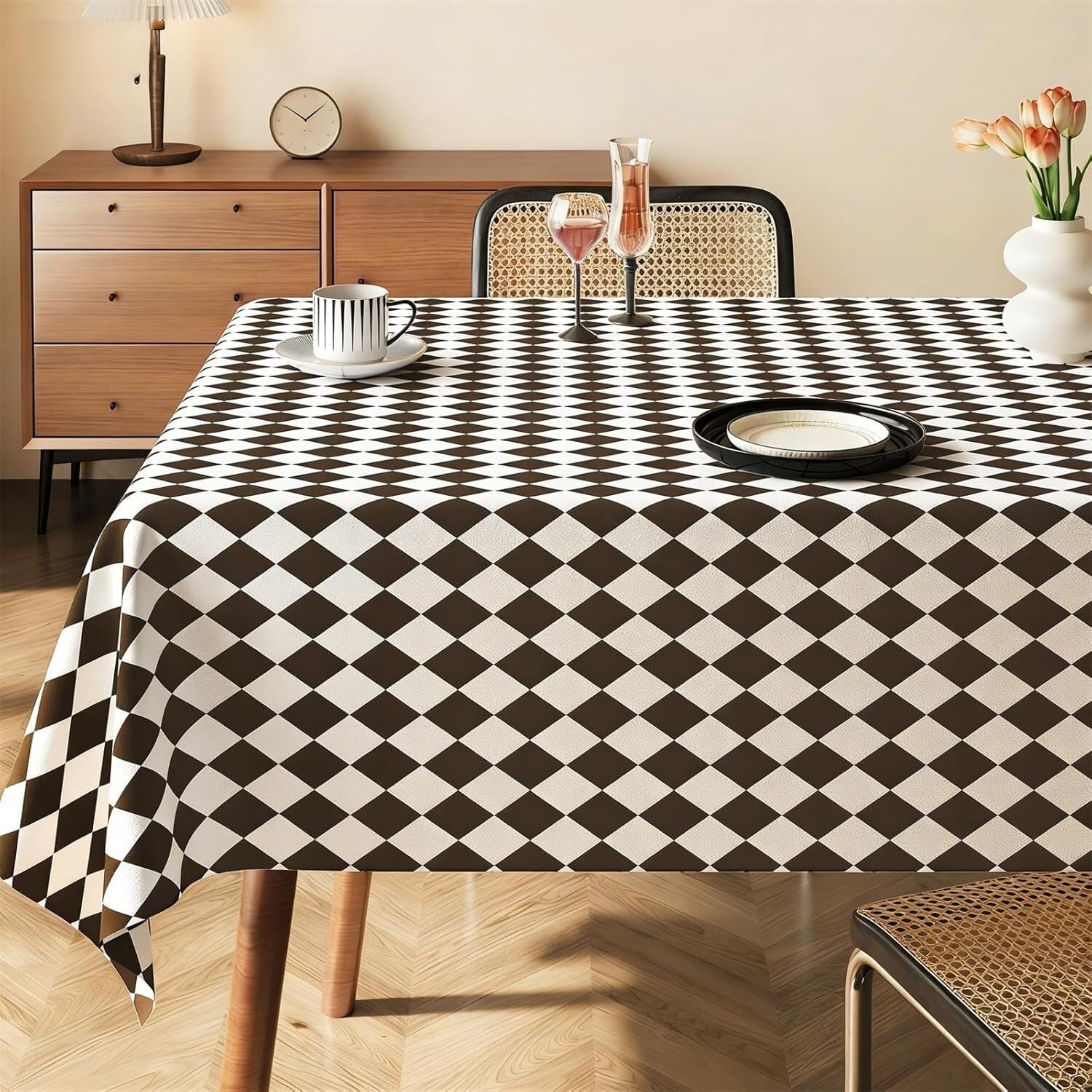 KIJyfgTR New Twill Check Wipeable Tablecloth, Rectangular Table Cover(Coffee,140x180cm)