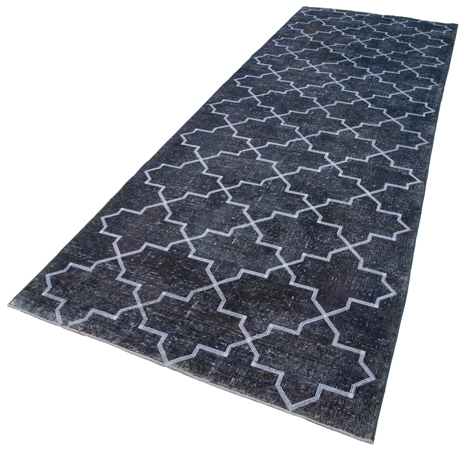 47 x 130 - 140 x 397 Cm Geometric Carpet Grey Geometric Bohemian Wool Cotton Handmade Handknotted Vintage