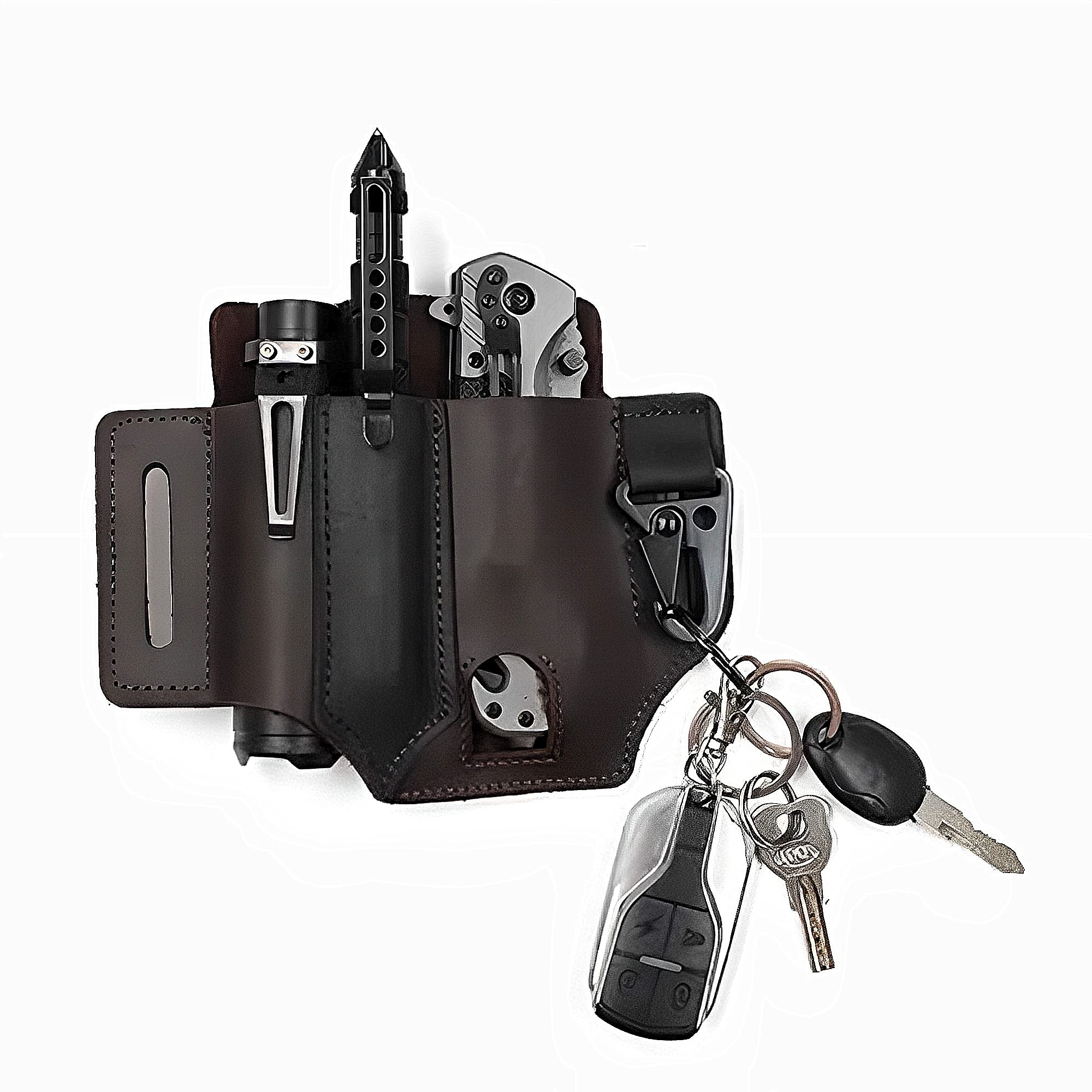 Beauenty Leather Sheath Multitool,EDC Leather Belt Organizer,Belt Holder With Multitool Pouch,EDC Pocket Organizer For Flashlight And Multitool,Practical Belt Pouch For Men(Dark Brown)