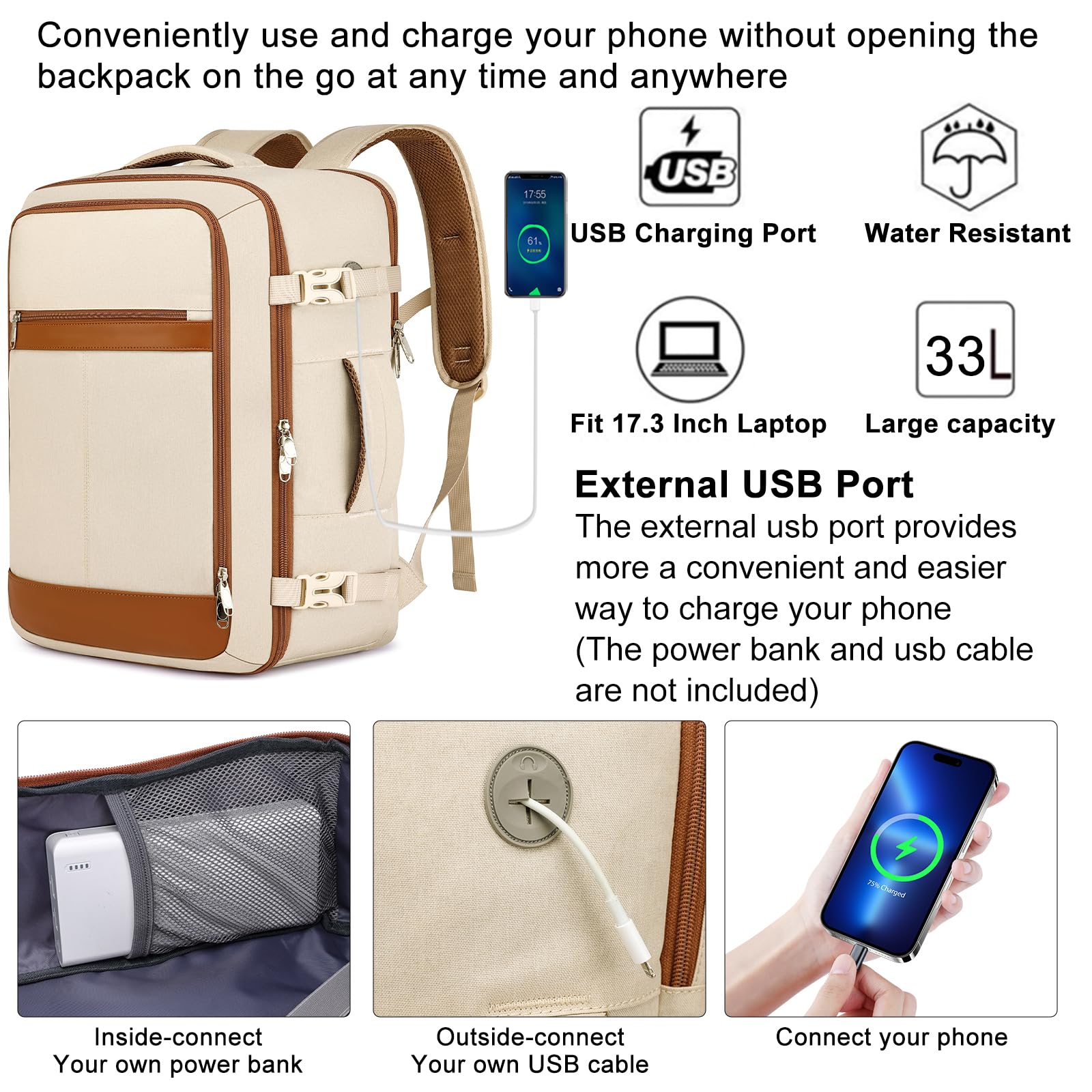 EZUOLA Großer Reiserucksack für Damen, von Fluggesellschaften zugelassen, Handgepäck-Rucksack mit Schuhbeutel, TSA 17,3 Zoll Laptop, Mochila, Fluggenehmigung, lässiger Tagesrucksack für Wochenender