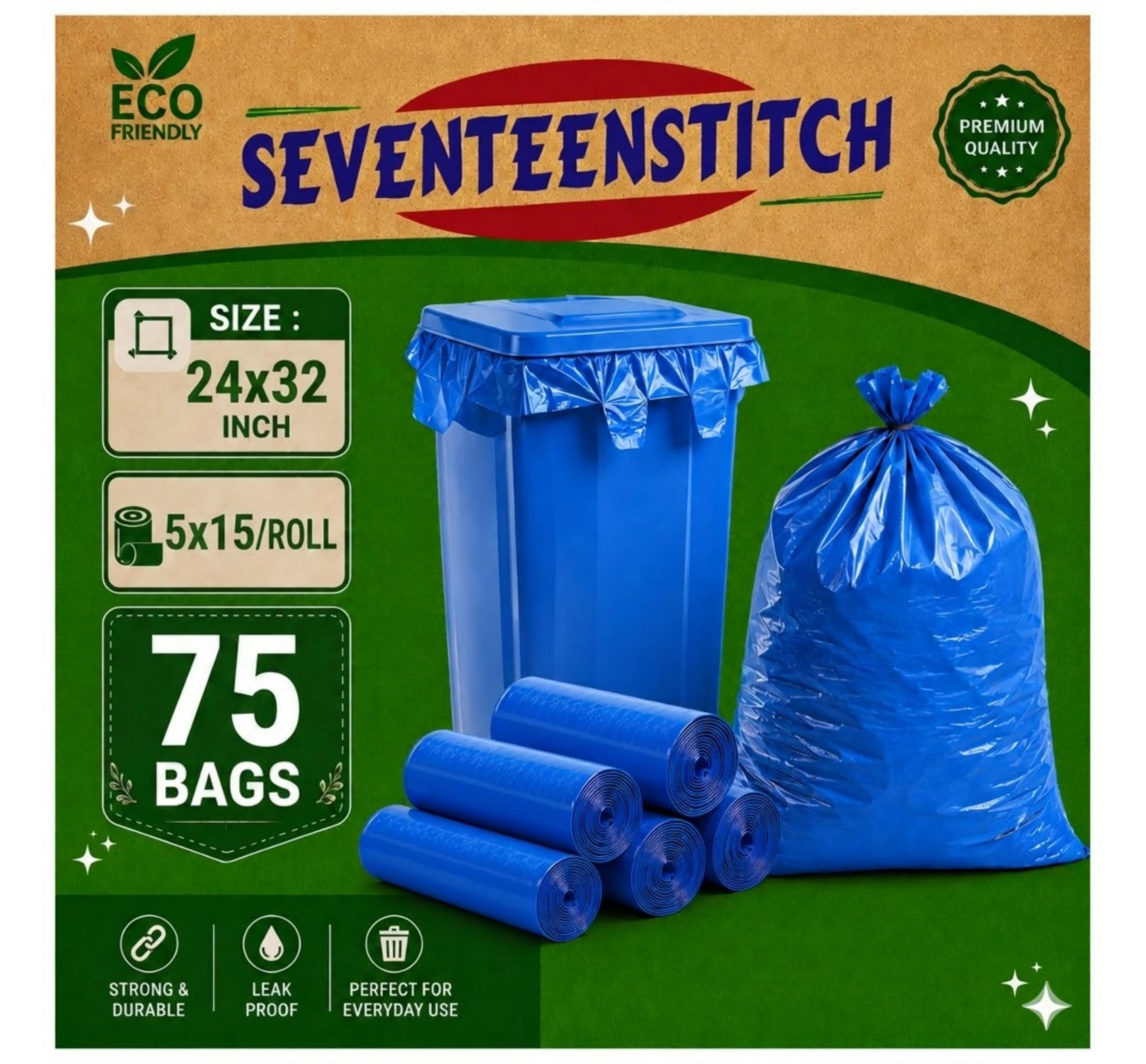 Large Trash Bags - 3 Rolls of 24x32 Blue Bags -8