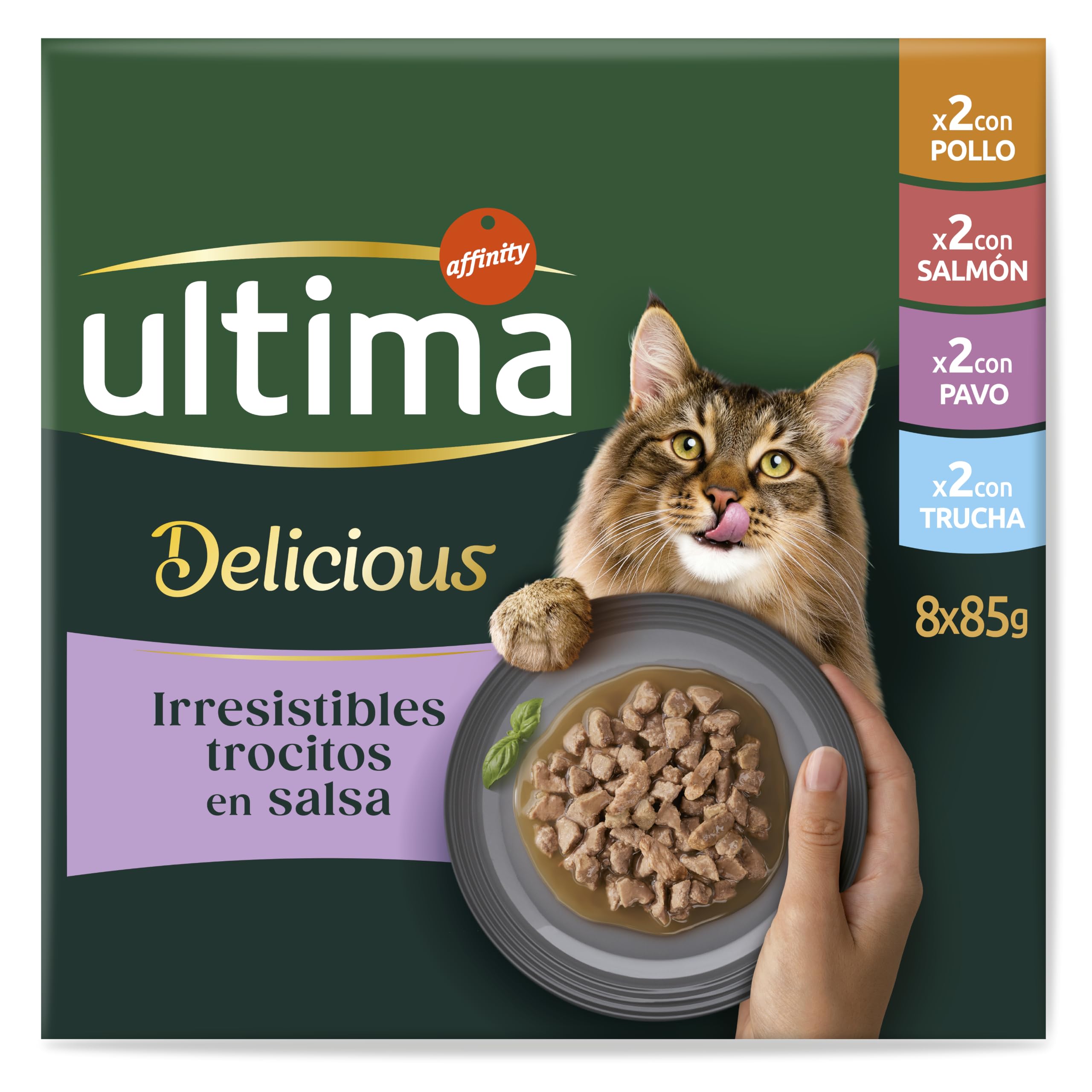 Ultima Fit & Delicious - Comida húmeda para Gatos Esterilizados - Multipack de 8x85g (Pollo, Pavo, Salmón, Trucha)- Caja de 8 x(8x85g)